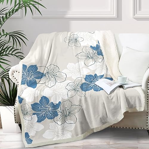 Manta floral con patrón de flores azules, mullida, cálida, de microfibra de forro polar para sofá y sillas, suave para todas las estaciones, 50 x 60