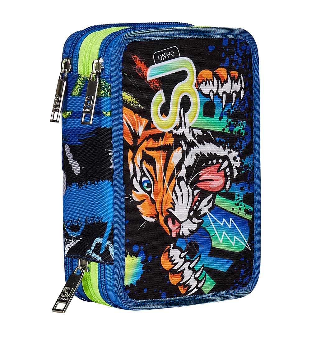 SJ GANG STYLE JAM GANG Astuccio Scuola 3 Zip, Blu, Cuccioli di SJ, Portapenne Triplo Scomparto Completo Di Penne, Matite, Colori, Accessori Zaino, Elementari, Medie, Bambino