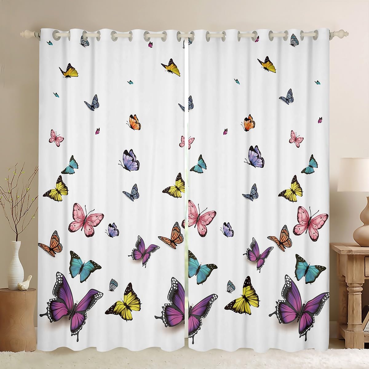 Homemissing Butterfly Curtains for Bedroom Butterflies Print 30%-50% Blackout Curtains Beautiful Butterfly Darkening Drapes Animal Purple White Window Treatments Room Decor W46*L54