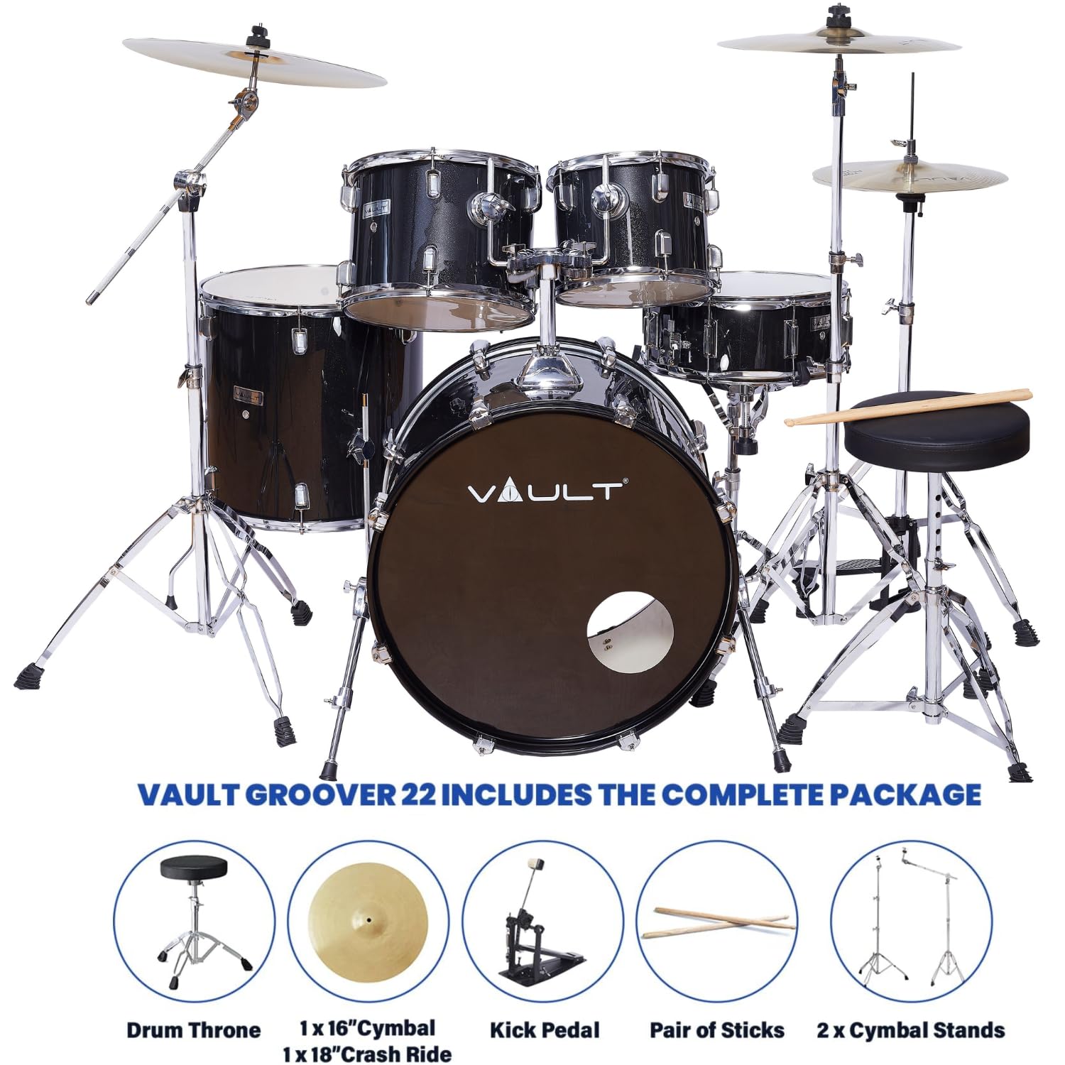 Vault Groover 22" 5-Piece Acoustic Drum Kit with Hardware, Cymbals & Throne - Black - Image 2 thumbnail