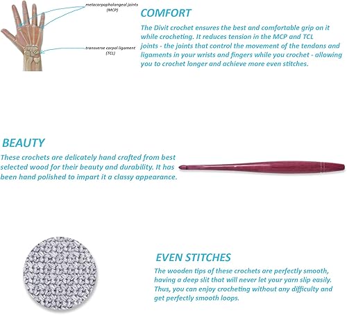Miniatura 7 de Divit Shilp Streamline - Ganchos de ganchillo con mango ergonómico  Aguja de tejer de madera de corazón morado de 7 pulgadas, tejido de hilo para