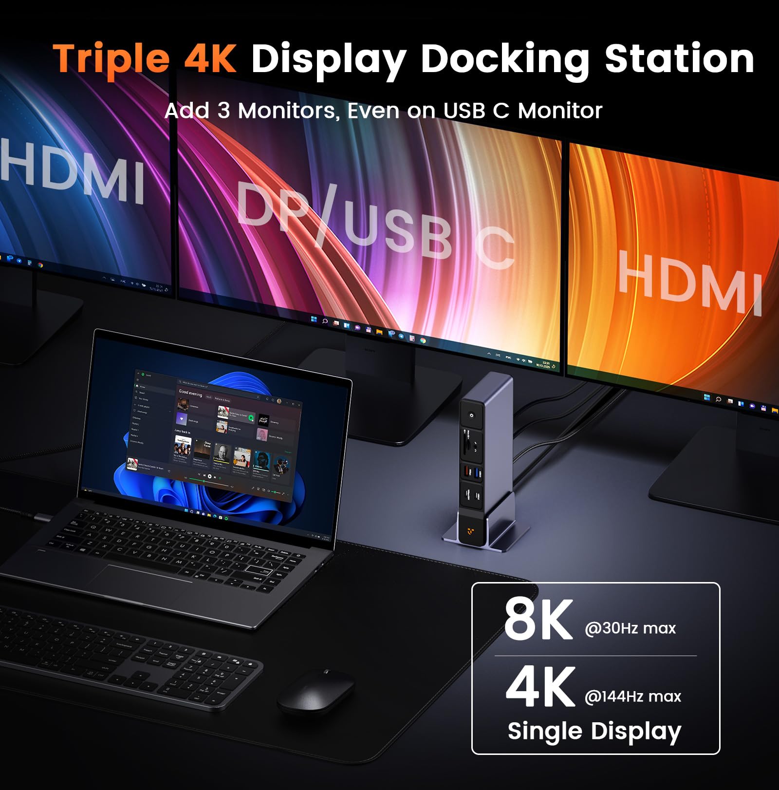 TobenONE Stacja dokująca USB C, 3 monitory, potrójny wyświetlacz 4K 18 w 1, zasilacz 150 W z szybkim ładowaniem 20 W, 8 portów USB do 10 Gb/s, 2 HDMI/DP/USB C, do Windows/Chrome OS