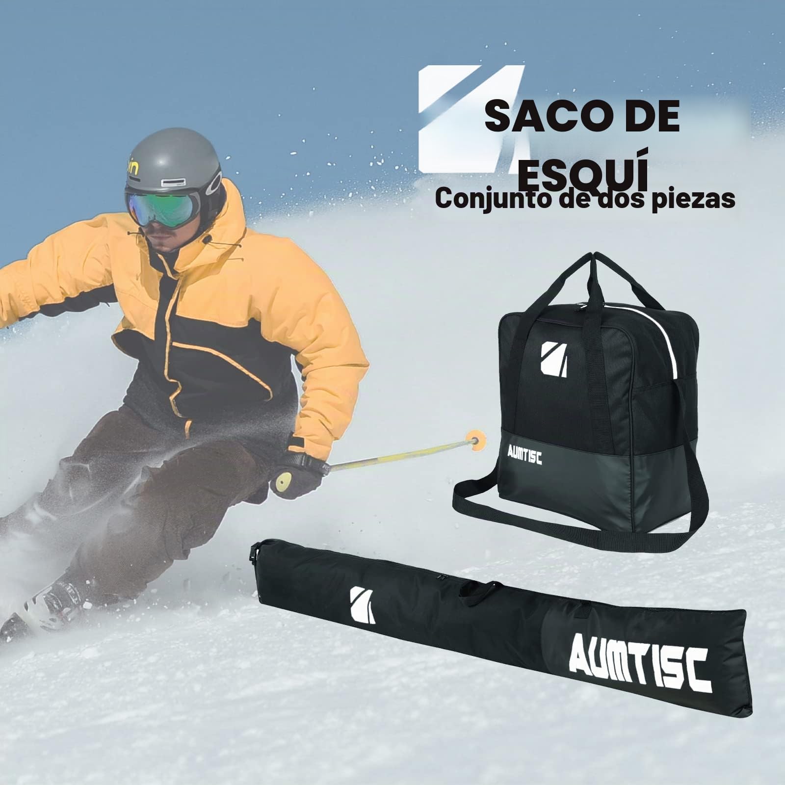 AUMTISC Bolsa De Esquí Y Bolsa De Barco Combinadas Y Acolchadas para 1 Par De Botas De Esquí Bolsa De Esquí con Longitud Ajustable hasta 200 Cm…