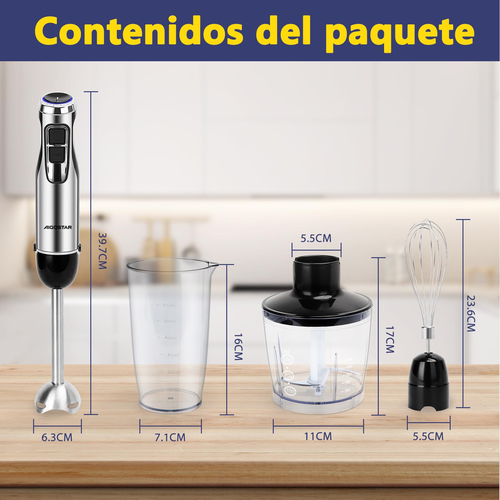 Aigostar Buckle - Batidora Mano, Minipimer 4 en 1, 1000W, 6 Velocidades y ModoTurbo, Batidora de Mano con Vaso Picador de 500ml, Vaso Medidor de 600ml y Batidor de Huevo. Libre de BPA