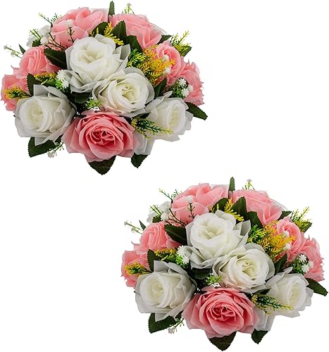 LANLONG 2 ramos de flores falsas, 15 cabezas de rosas de plástico con base, flores artificiales para ramos de boda, centros de mesa, fiesta, día de
