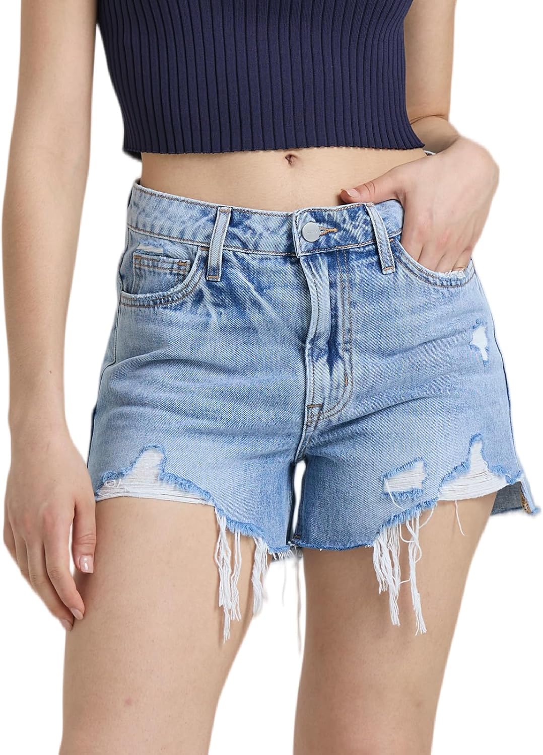 Womens High Waisted Jean Shorts Frayed Hem Ripped Denim Shorts Trendy Distressed Cut Off Jean Short with Pockets for Summer