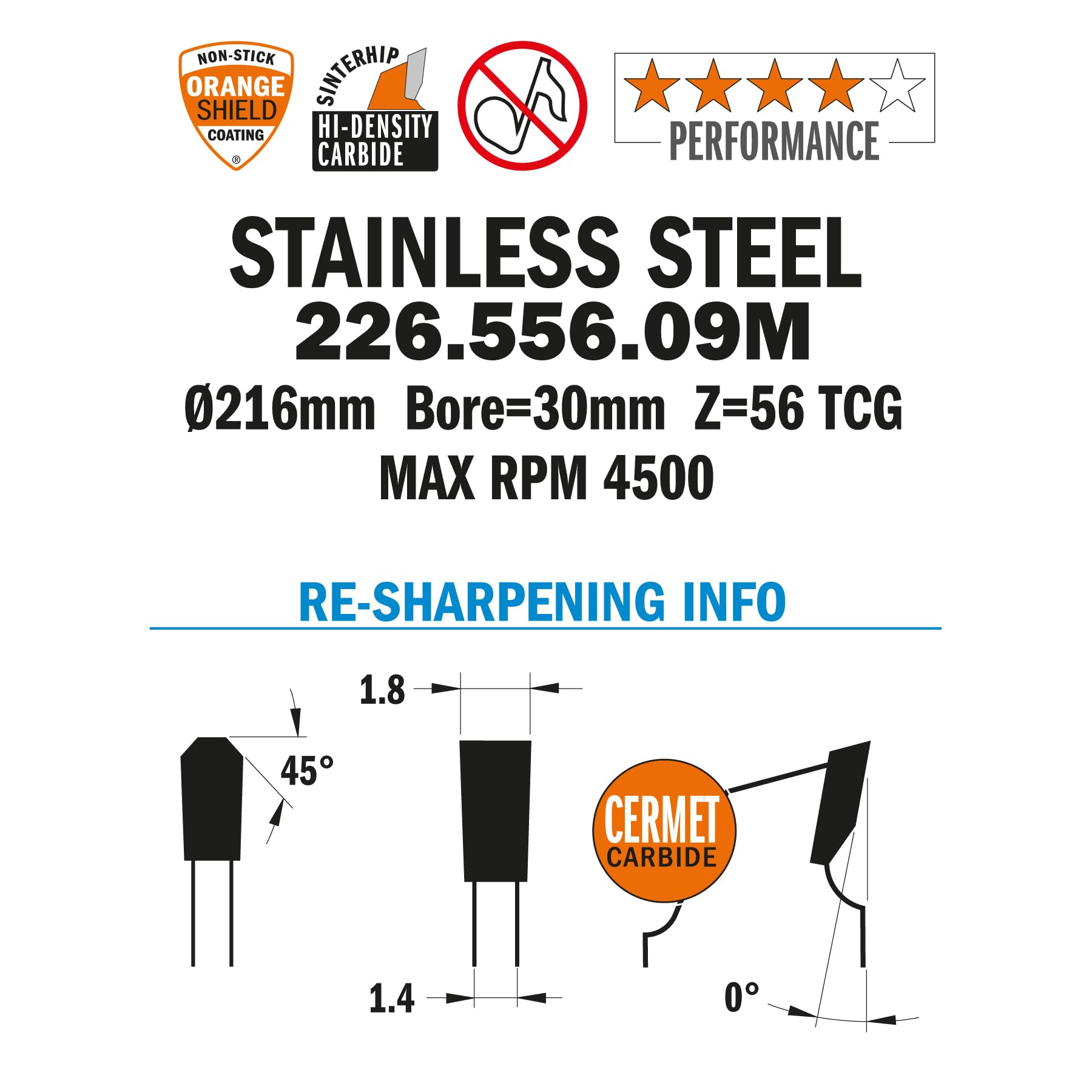 CMT 226.556.09M sierra circular para acero inoxidable hw 216x1,8/1,4x30 z56 tcg
