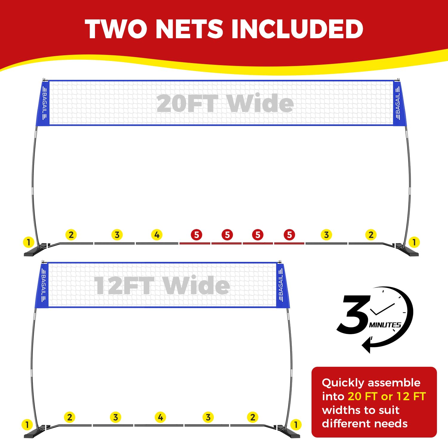 BAGAIL Rete da Pallavolo, Rete da Pallavolo Portatile da Giardino 12ft/20ft - Regolabile in Altezza, Telaio Resistente, Design Indipendente - Set da Pallavolo Portatile per Esterni e Interni
