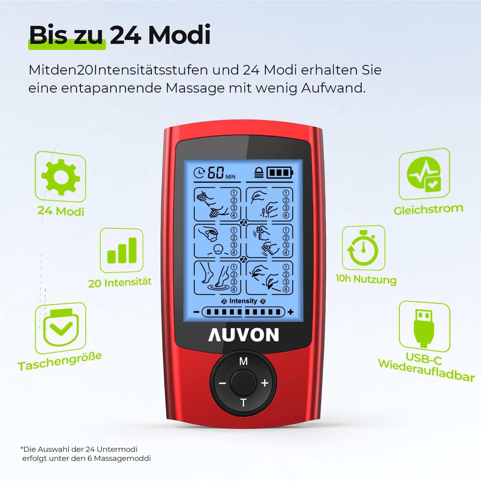 AUVON 24 Modi TENS Gerät gegen Schmerzen, 12 Stück Premium Elektroden Pads | Wiederaufladbares Reizstromgerät, medikamentenfrei Schmerzlinderung für Schulter, unteren Rücken und Muskel, EVA Tragetasche