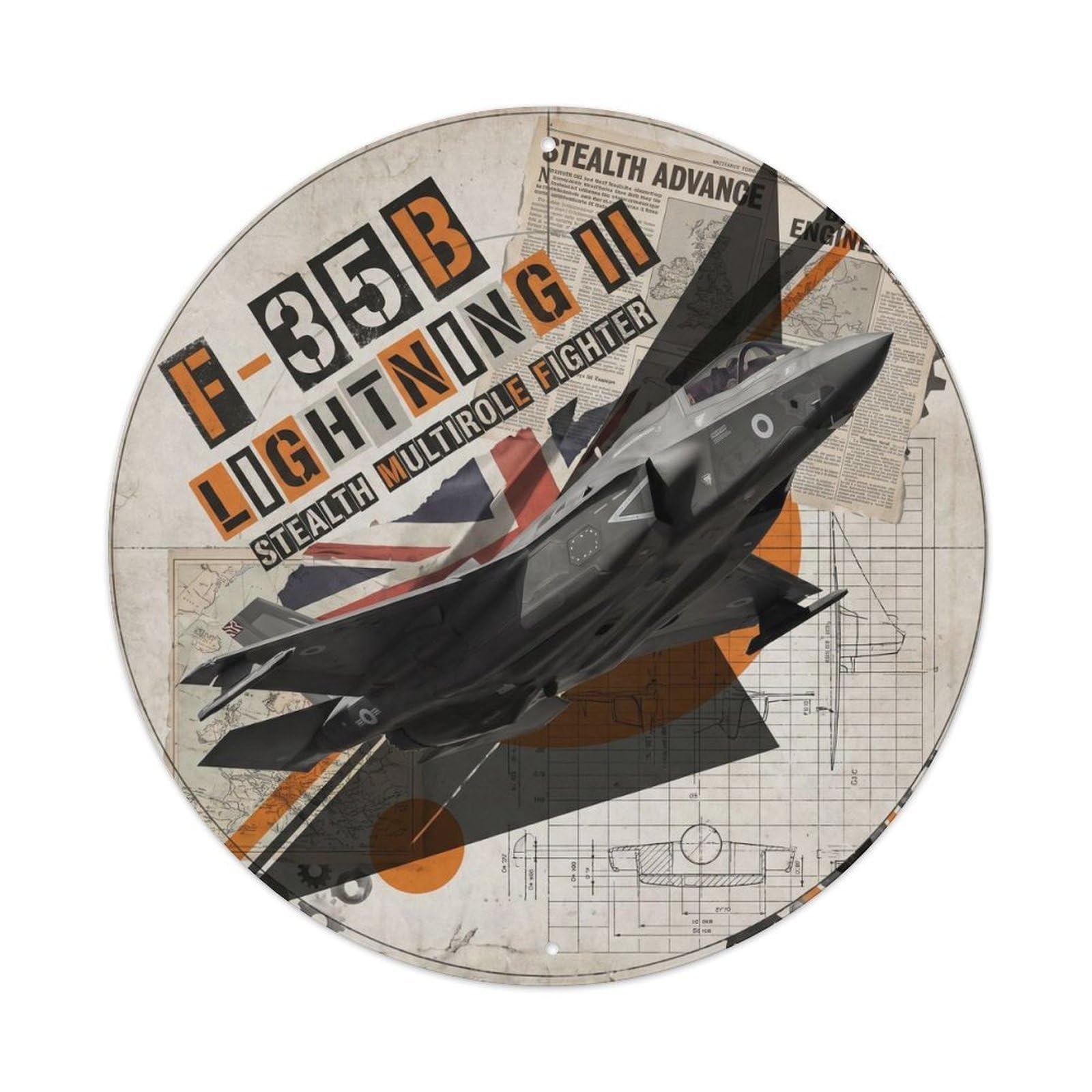 F-35B Lightning STOVL Stealth Fighter Aircraft Collage Metal Tin Sign Plaque Wall Decor for Cafe, Man Cave, Club Bar, Office, Home Garden Round Metal Poster 8x8Inch