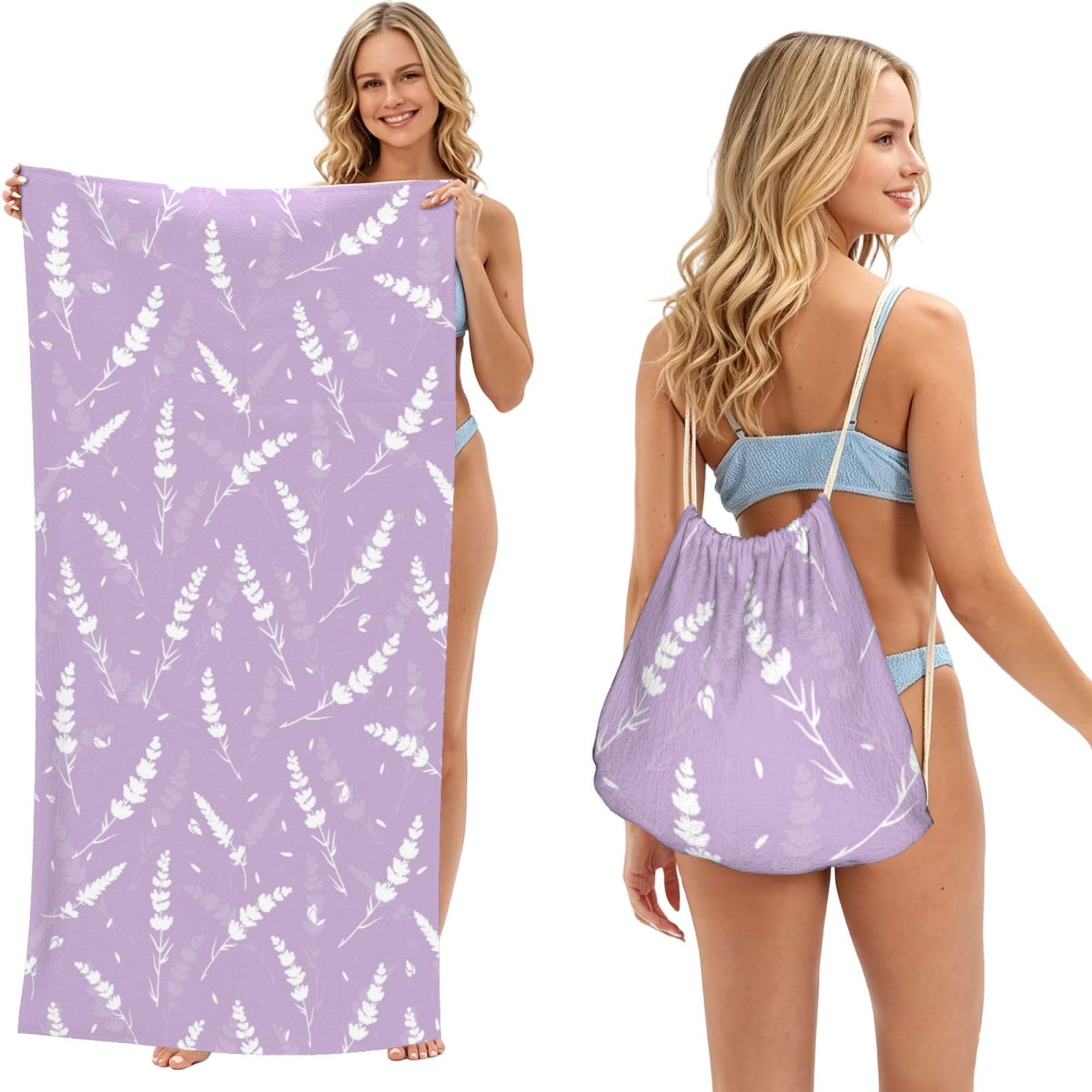 Poadnly As Picture Purple Lavender, 2 In 1 Packable Towel Bag, Beach Towels With Drawstring Backpack For Travel Holiday Camping