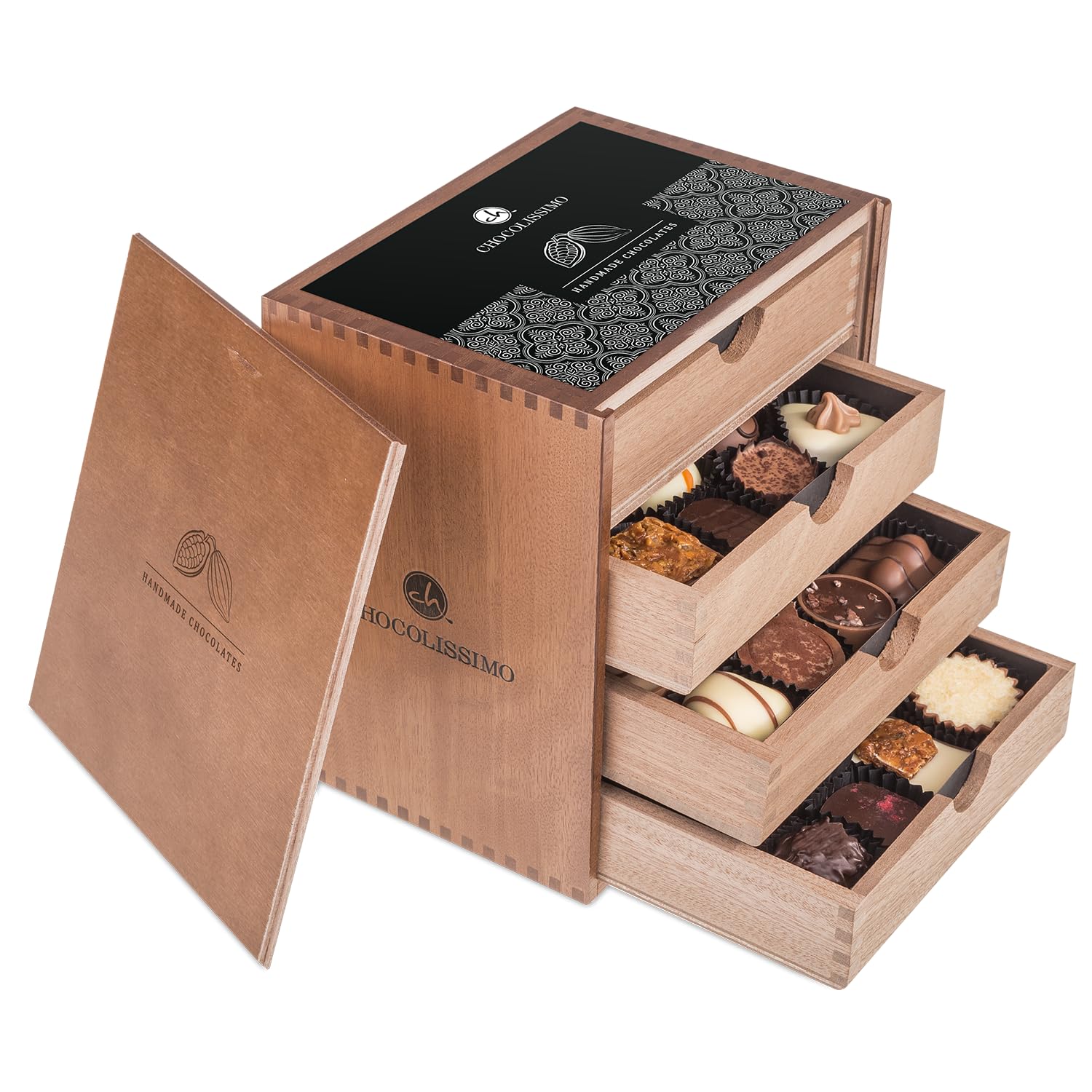 CHOCOLISSIMO Schokolade Geschenk - Pralinen Geschenk - 40 handgemachte Pralinen im Holzkästchen - Geschenkidee Geburtstagsgeschenk, Weihnachten, Muttertag, Vatertag - für Frauen, Männer - ChocoMassimo
