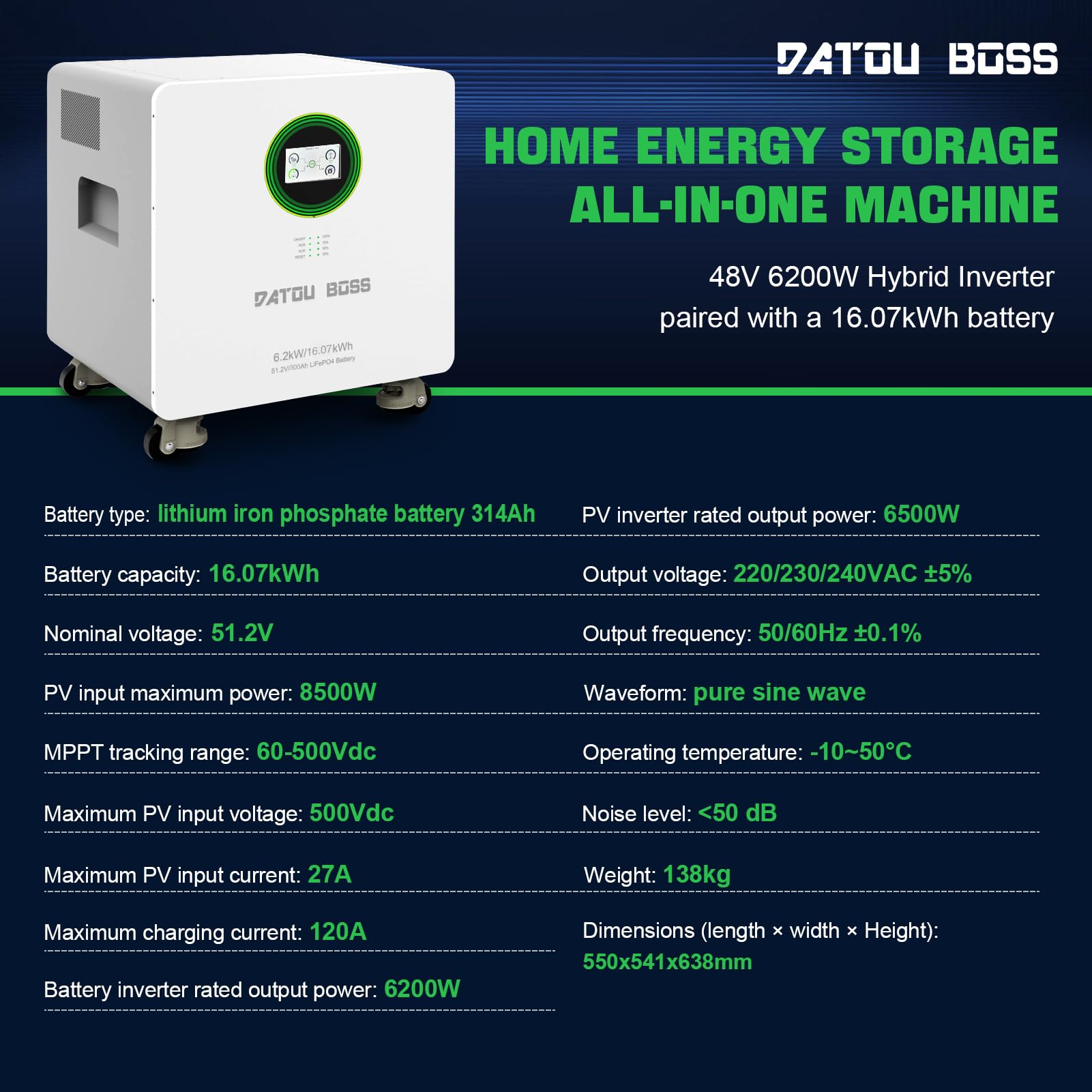 DATOUBOSS 6200W Hybrid Wechselrichter 48V mit LiFePO4 48V 314Ah Batterie,8500W PV Eingang, für den Innen,8000+ Ladezyklen, Plug & Play ideal für PV Speicher, solarspeicher, stromspeicher.