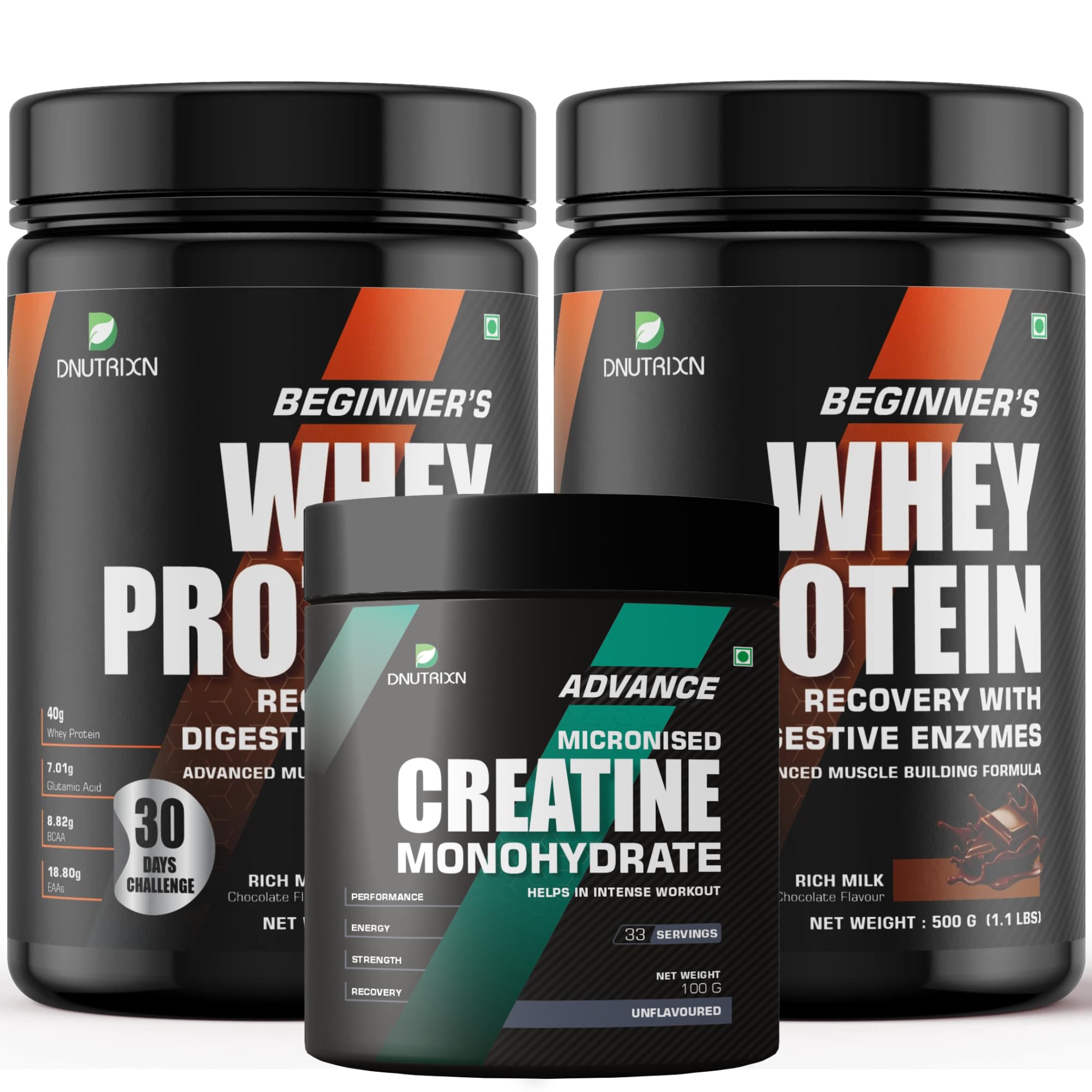 DNUTRIXN Beginners High Whey Protein 40-500GM + Advance Creatine Monohydrate 100GM | Muscle Building Formula & Improved Strength | Digestive Enzyme, BCAA+ (Chocolate, 1KG+ Creatine 100GM) (B0D9M796N8) Amazon Price History, Amazon Price Tracker