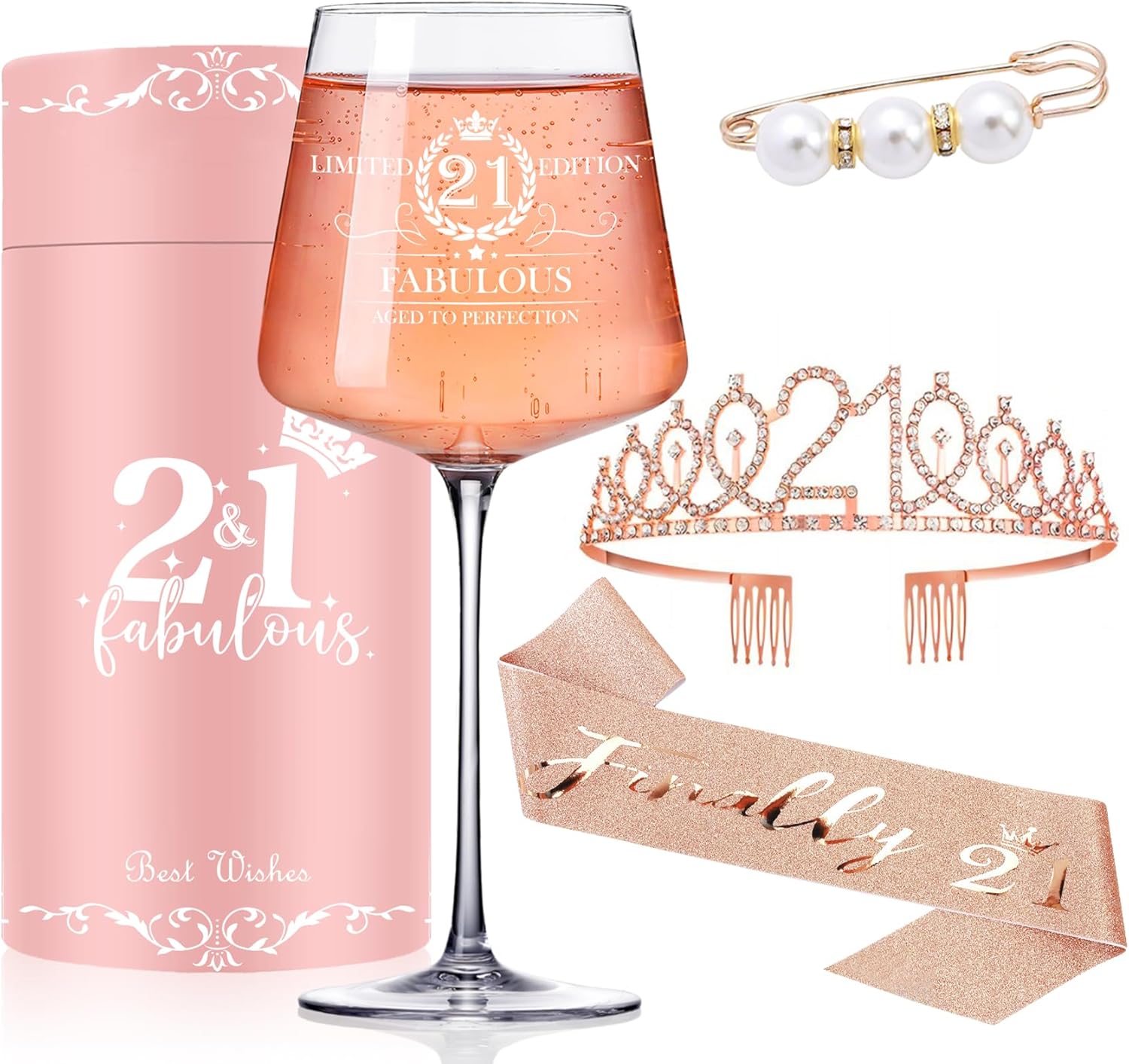21st Birthday Gifts,Unique Engraved 21st Wine Glass,21 Year Old Birthday Decorations For Her,21&Fabulous Sash and Tiara For Women,Friends,Sister-Turning 21th Party Favor Supplies