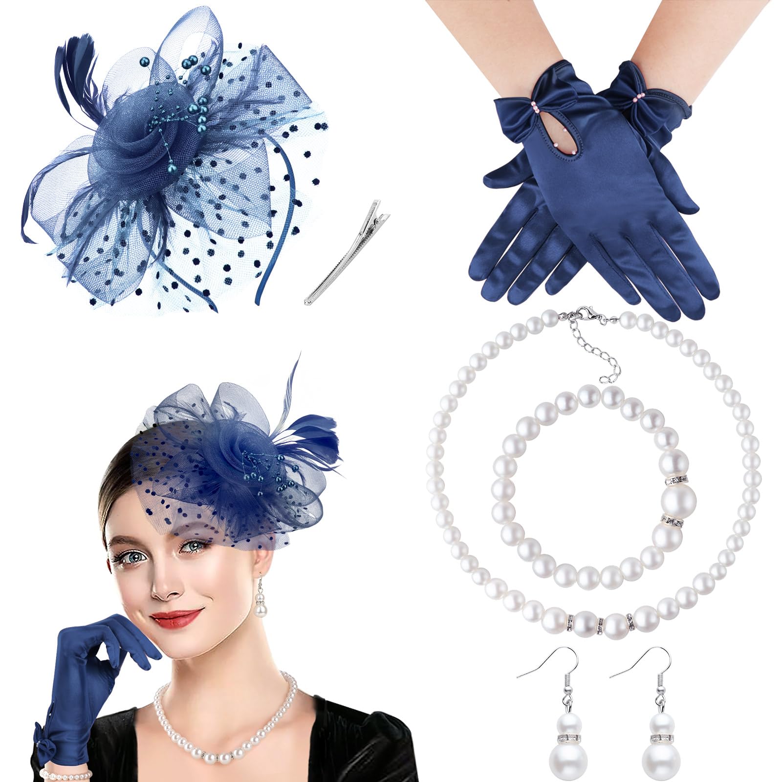 DRESHOW Fascinators Hat for Women Veil Mesh Tea Party Hat Headwear Feather Derby Hat Pillbox Hat and Gloves Pearl Jewelry Set for Cocktail 1920s Party