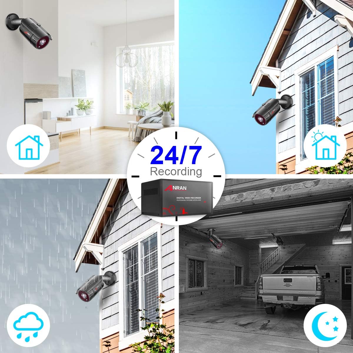 Four quadrants showing camera views in different environments and times: indoor day, outdoor day, outdoor rain, and indoor night, with a '24/7 Recording' icon.