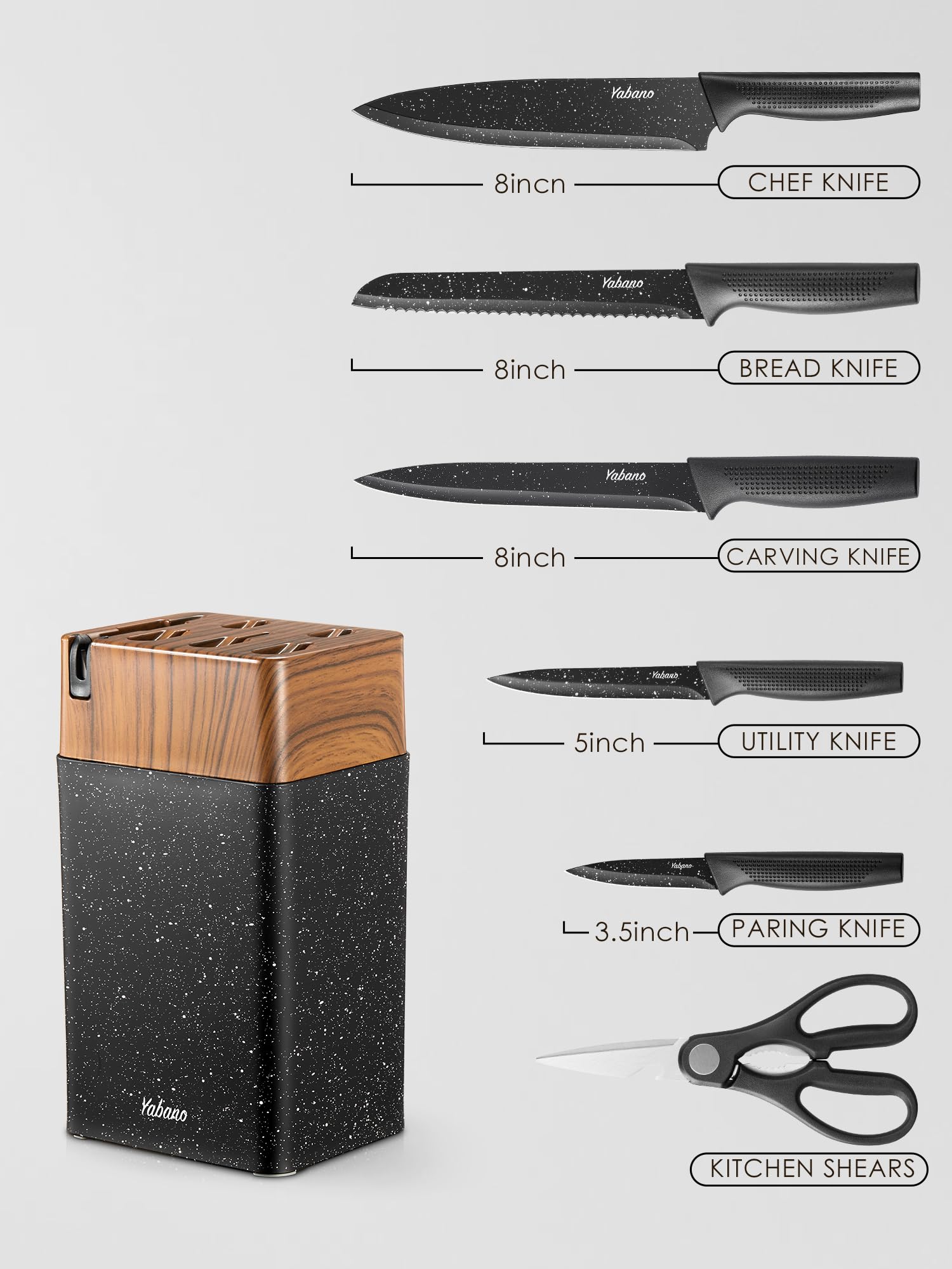 Yabano Set Couteaux Cuisine 7 Pièces avec Bloc et Aiguiseur Intégré, Bloc de Couteaux de Cuisine en Plastique, Lames en Acier Inoxydable Ultra-Tranchantes, Revêtement et Antirouille (Tacheté)