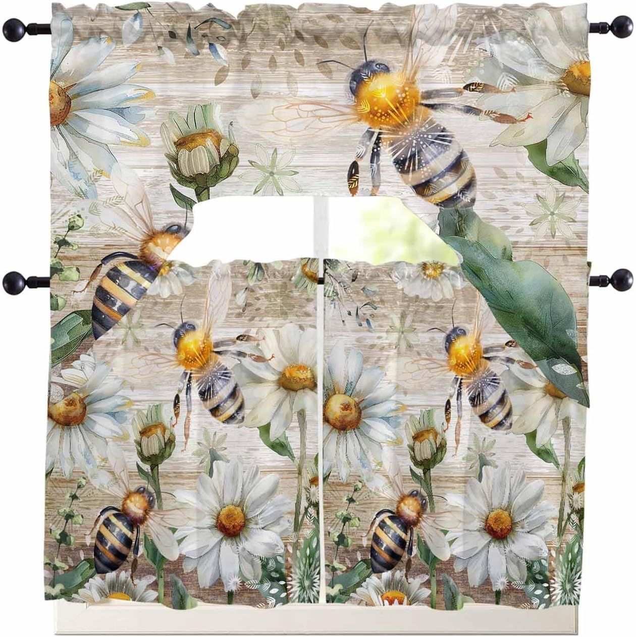 Bee Flower Swag Curtains Valance and Tier Set,Farmhouse Blue Floral Spring Summer Wood Rod Pocket Curtain Drapes for Bathroom Over Sink Kitchen Curtains 3 Piece Set Swag Valances and 36 inches Tiers