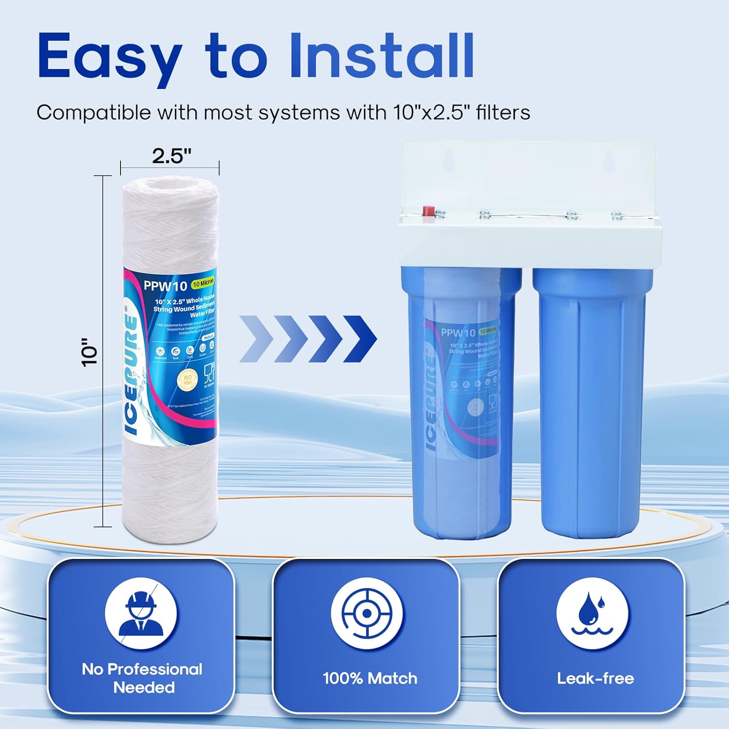 ICEPURE 10 Micron 10" x 2.5" String Wound Sediment Water Filter Cartridge for Well filter Universal Replacement for Any 10 inch RO Unit, WP-5, Aqua-Pure AP110 CFS110 Culligan P5 WFPFC4002 CW-MF, 4PACK