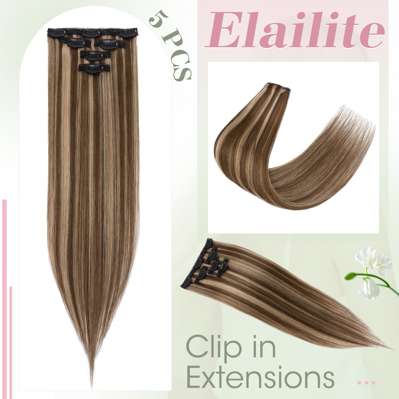 Elailite Extension Capelli Veri Clip Naturali 5 Ciocche Singole con Silk Lace 30cm 38g per Volume/Mèches #4/27 Marrone Cioccolato/Biondo Scuro