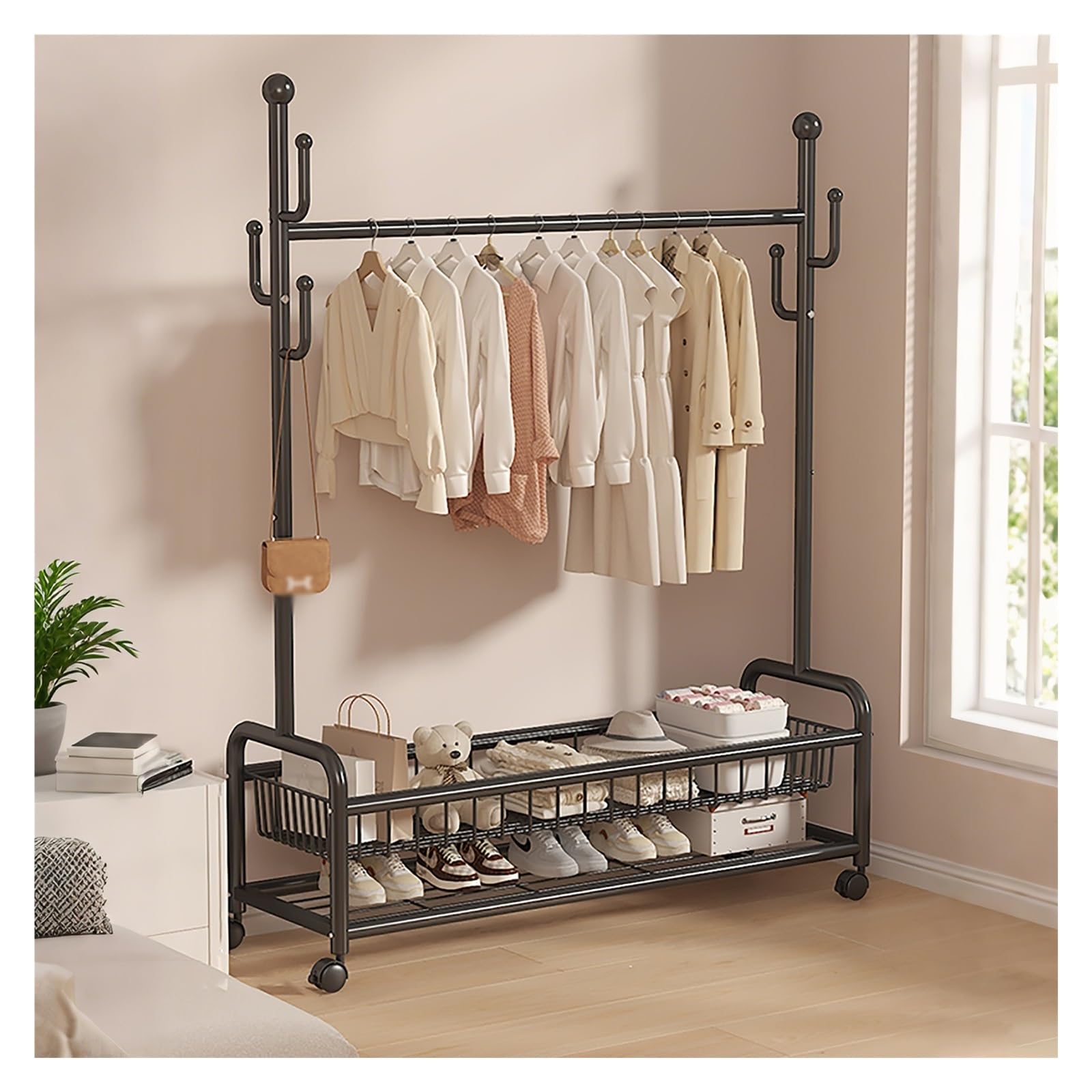 Portant à vêtements portable penderie mobile sur roulettes avec panier linge noir 100cm