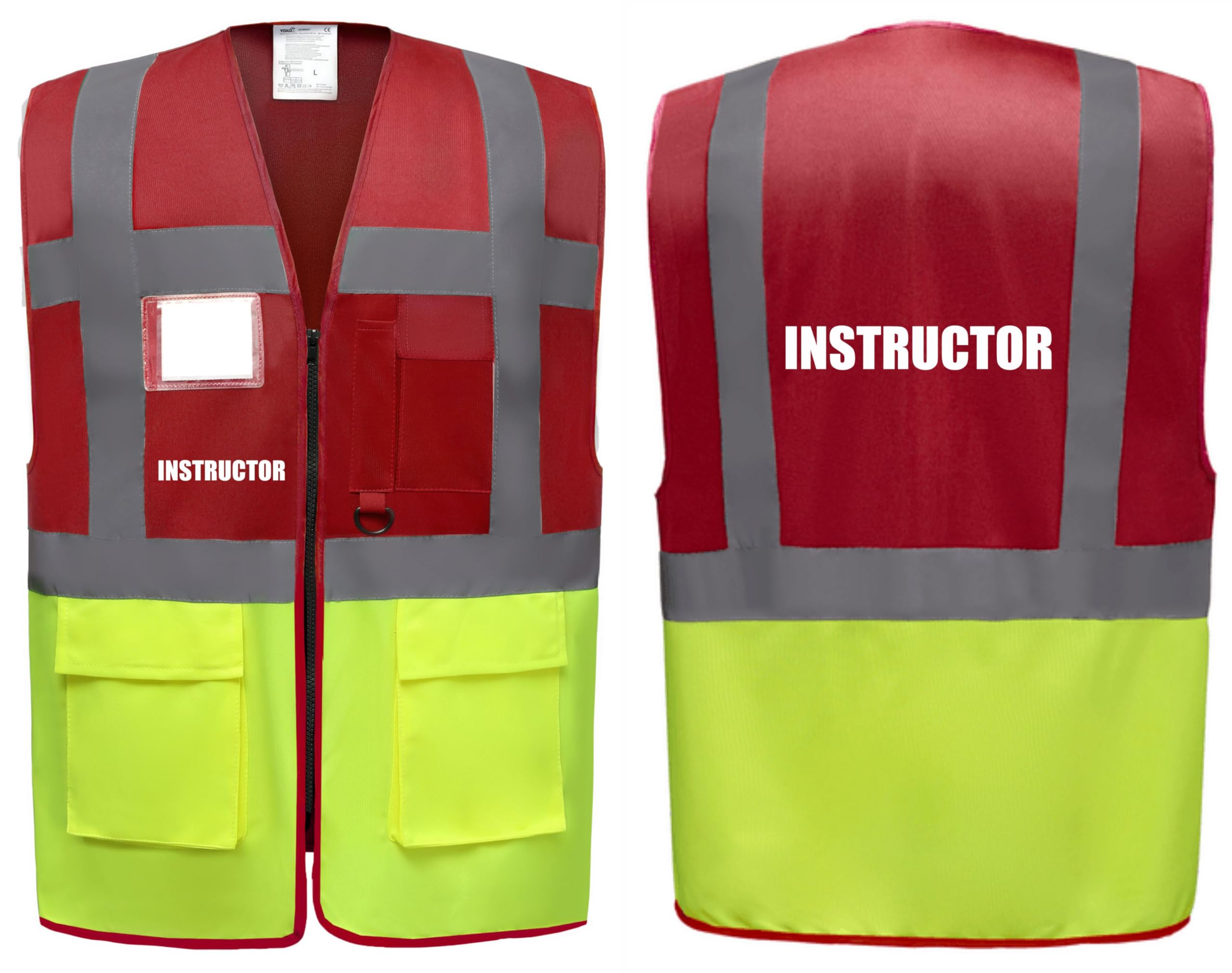 Instructor Two Tone Zipped Hi Vis Vest High Visibility Safety Waistcoat Pockets Reflective Bands Event Staff, Event Support, 13 Colour Options Brook Hi Vis (Red/Yellow, 2XL)