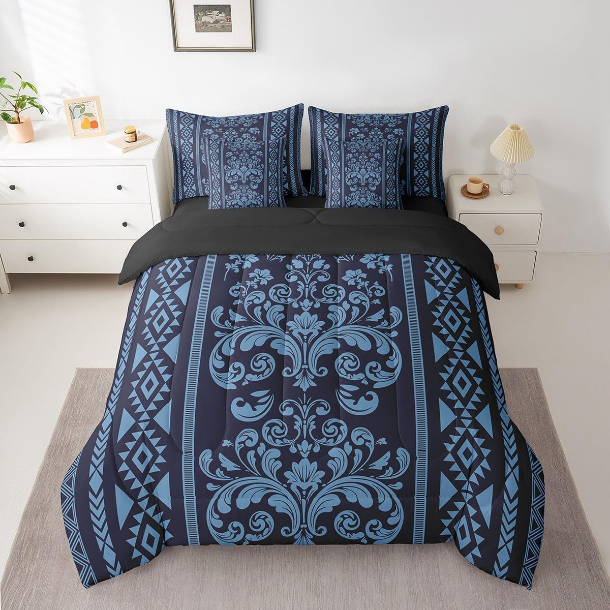 Comforter Set King Size, Navy Blue Aztec Damask 7 Pcs Bedding for Kids and Adults, Victorian Decor Western Baroque Goth Bed Sheet Sets with Fitted Sheet 2 Pillowcases & 2 Shams for Bedroom Bed Decor