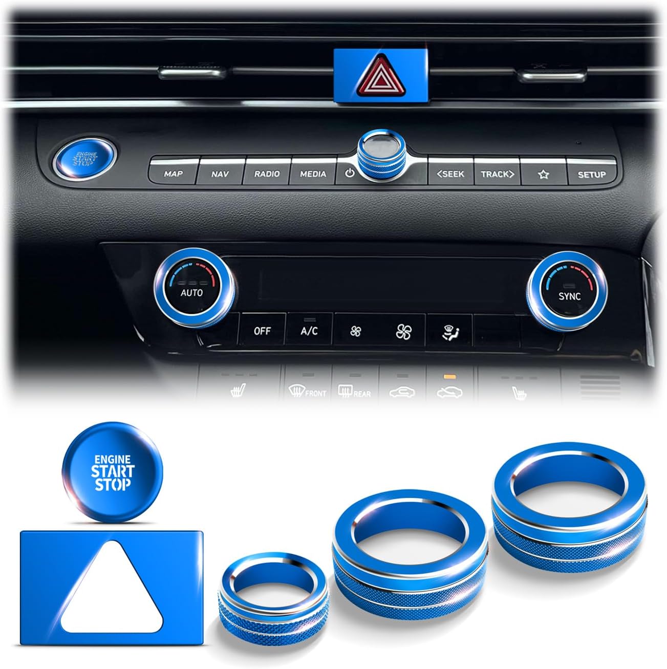 Polodunn for Hyundai Elantra 2023 2024 2025 Accessories, 5pcs Aluminum Alloy Knob Cover Trim Set - A/C, Volume, Start Button & Hazard Light (Light Blue)