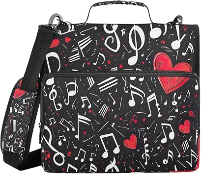 Musical Note Waterproof Zipper Binder with Shoulder Strap, 3-Ring Trapper Keeper with Lay-Flat Design and Multiple Compartments for School & Office, Adults & Kids