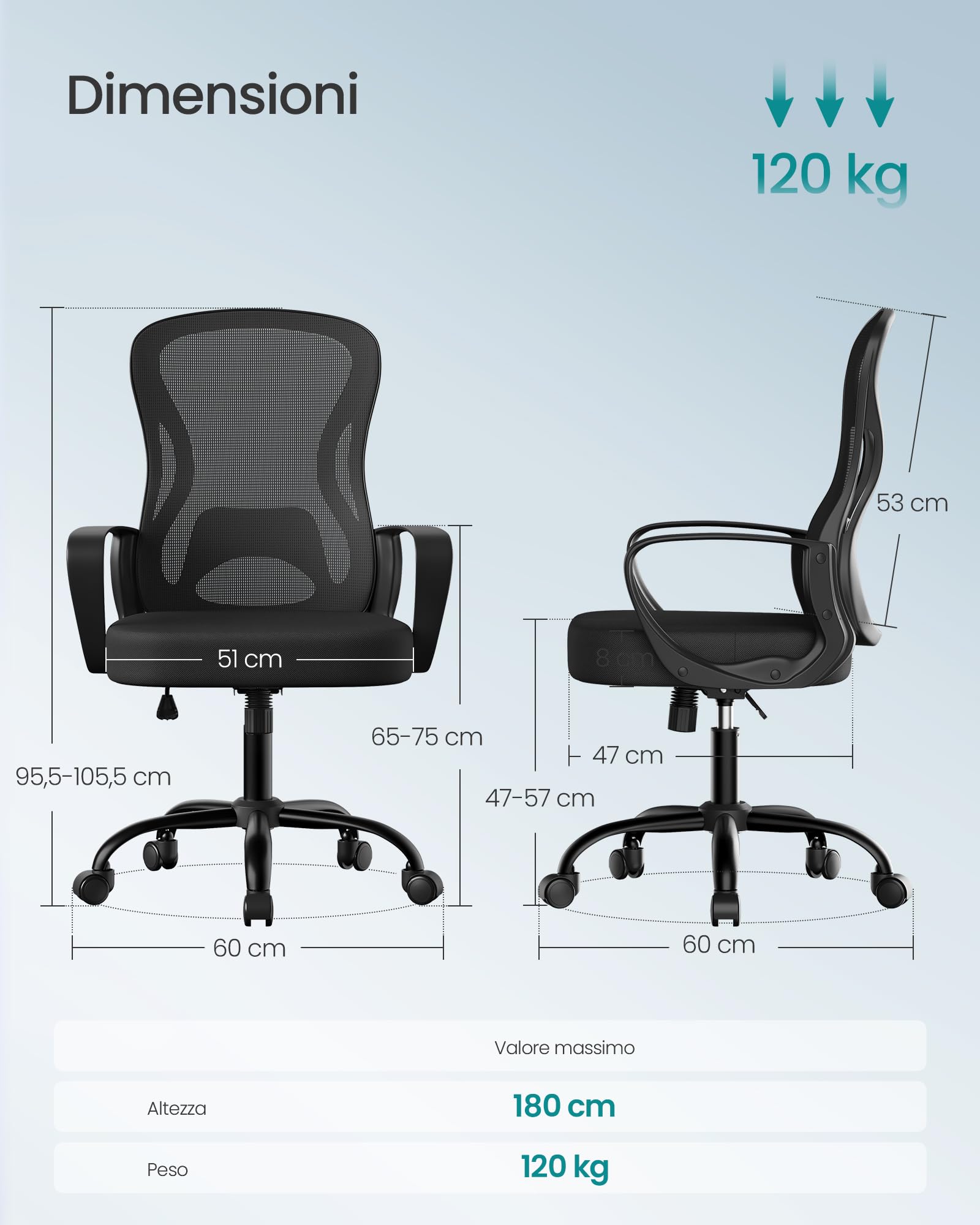 SONGMICS Sedia Ufficio Ergonomica, Sedia Scrivania Girevole in Rete, Supporto Lombare, Funzione Oscillante, Braccioli, Studio Camera da Letto, Nero Inchiostro OBN043BH02