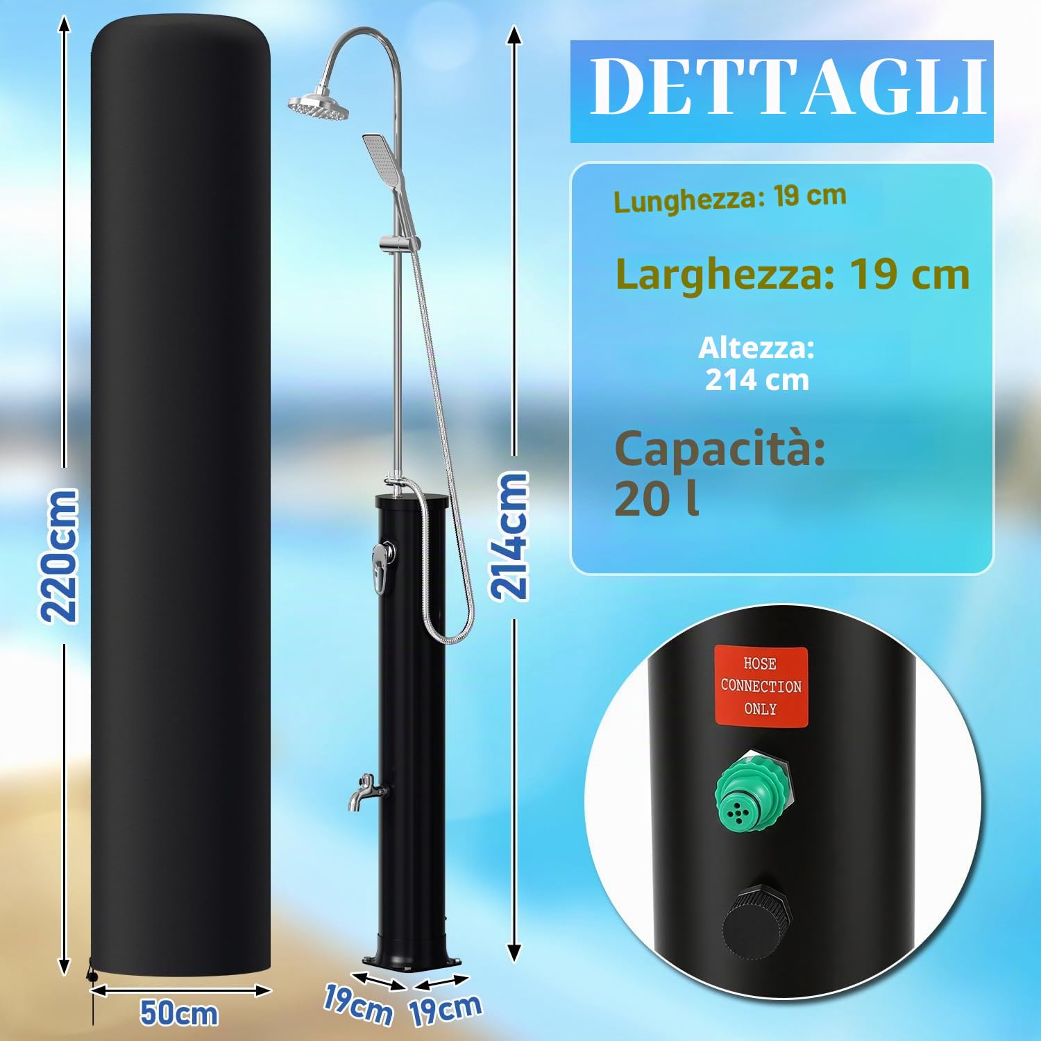 Doccia solare 20 L con braccio rubinetto a mezza altezza – Doccia esterna salvaspazio con cappuccio di protezione UV, doccetta e vite di scarico – Nero