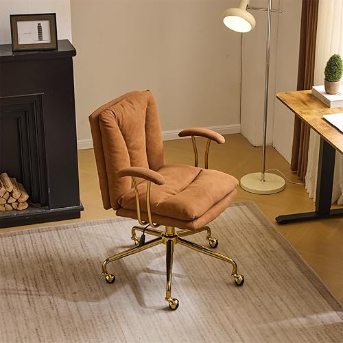 VINGLI Silla de escritorio para oficina en casa, cómoda con ruedas y reposabrazos extraíbles, silla de tocador con base dorada con respaldo, silla