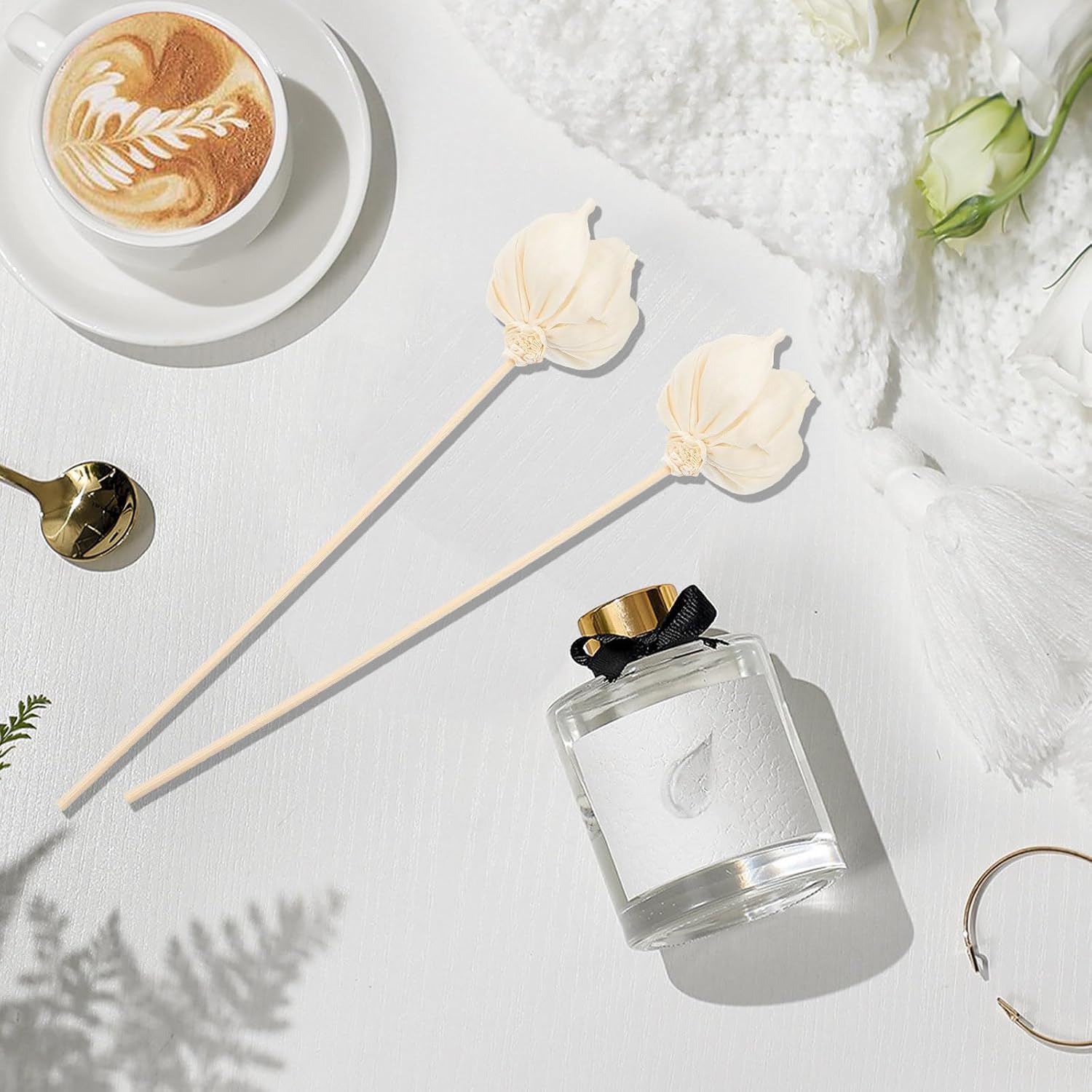 FUOYLOO 5pcs Flower Aroma Diffuser Sticks Beige Natural Reed Essential Oil Diffuser Refill for Home Office Spa Decor with Fast Absorption and Relaxing Scent