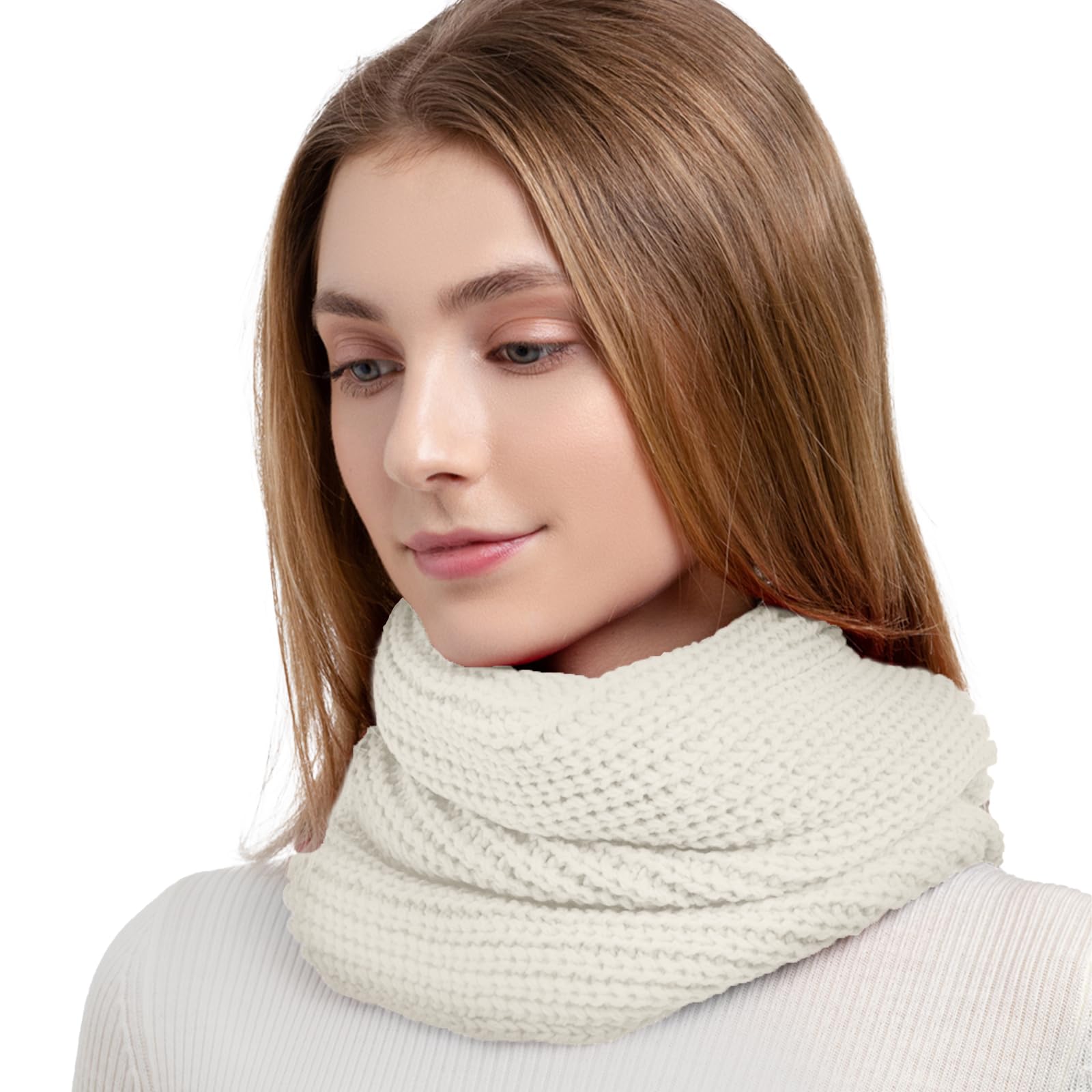 Sgqtzdzq Women's White Infinity Scarf Thermal Knitted Scarf, Neck Warmer Loop Scarf For Winter Burgundy Scarf Scarf Gifts For (White)