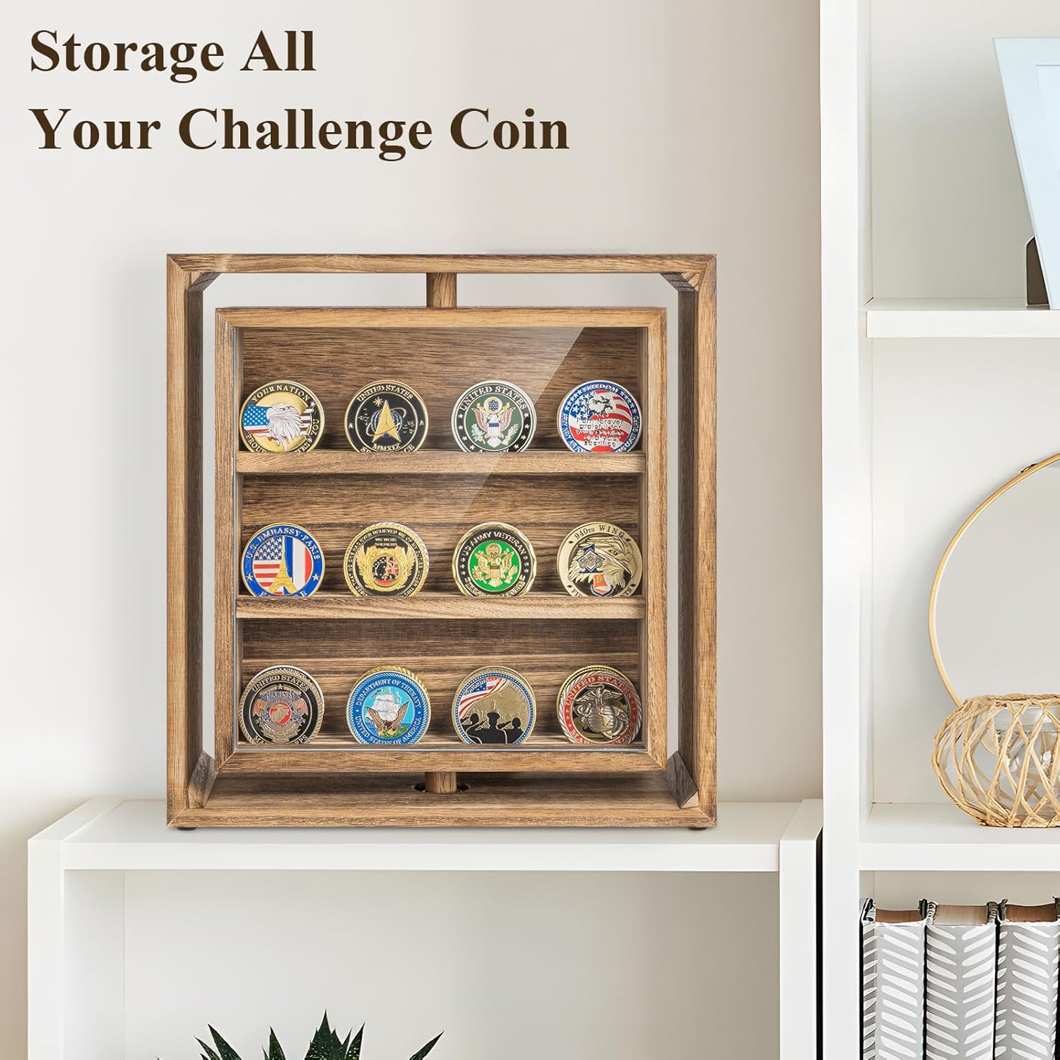 Double-Sided Rotating Challenge Coin Display, Wooden Military Coin Holder Holds 33 Coins for Desktop, 6-Row Display Stand for Honoring Veterans & Collectors (Rustic Brown)