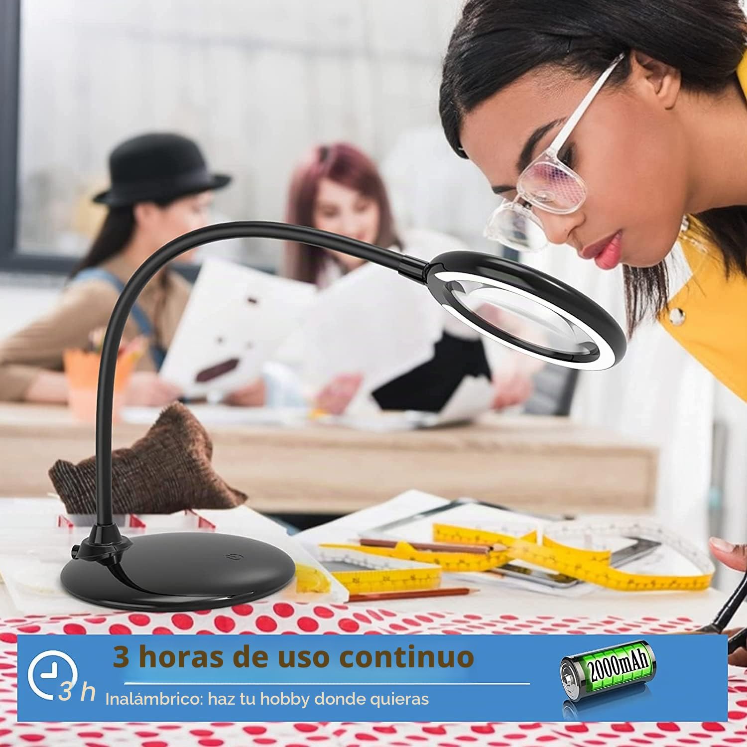 Lámpara de escritorio recargable de 5 aumentos, lupa regulable con luz y soporte, lupa táctil regulable con 28 luces led para trabajar, leer, practicar aficiones, costura, manualidades, negro