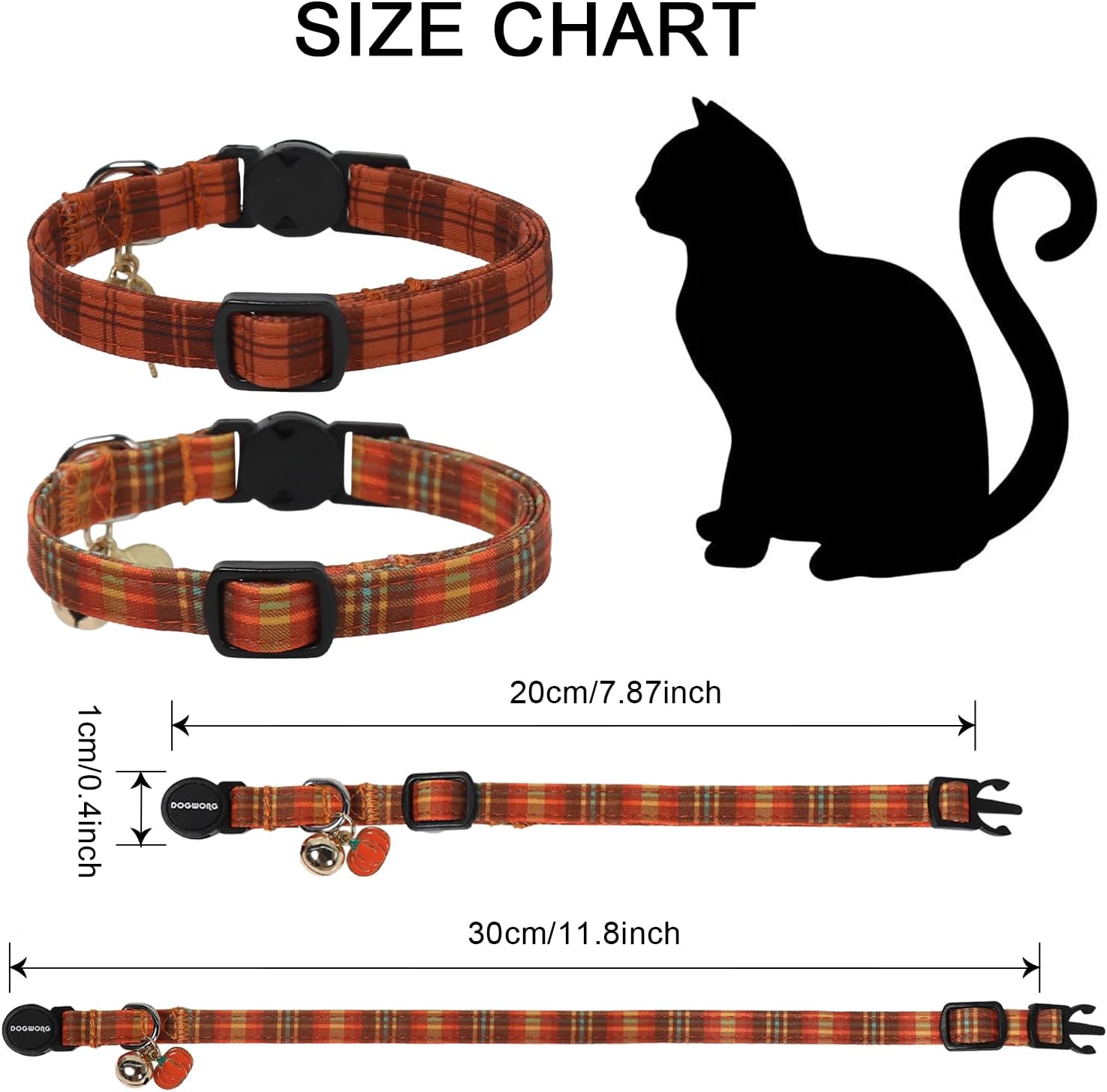 Cat Collar,2 Pack Orange Plaid Cat Collars Breakaway with Bell, DOGWONG Halloween Cat Collar for Boy Girl Small Dogs，Adjustable Kitten Collar 7-12 Inch image 4
