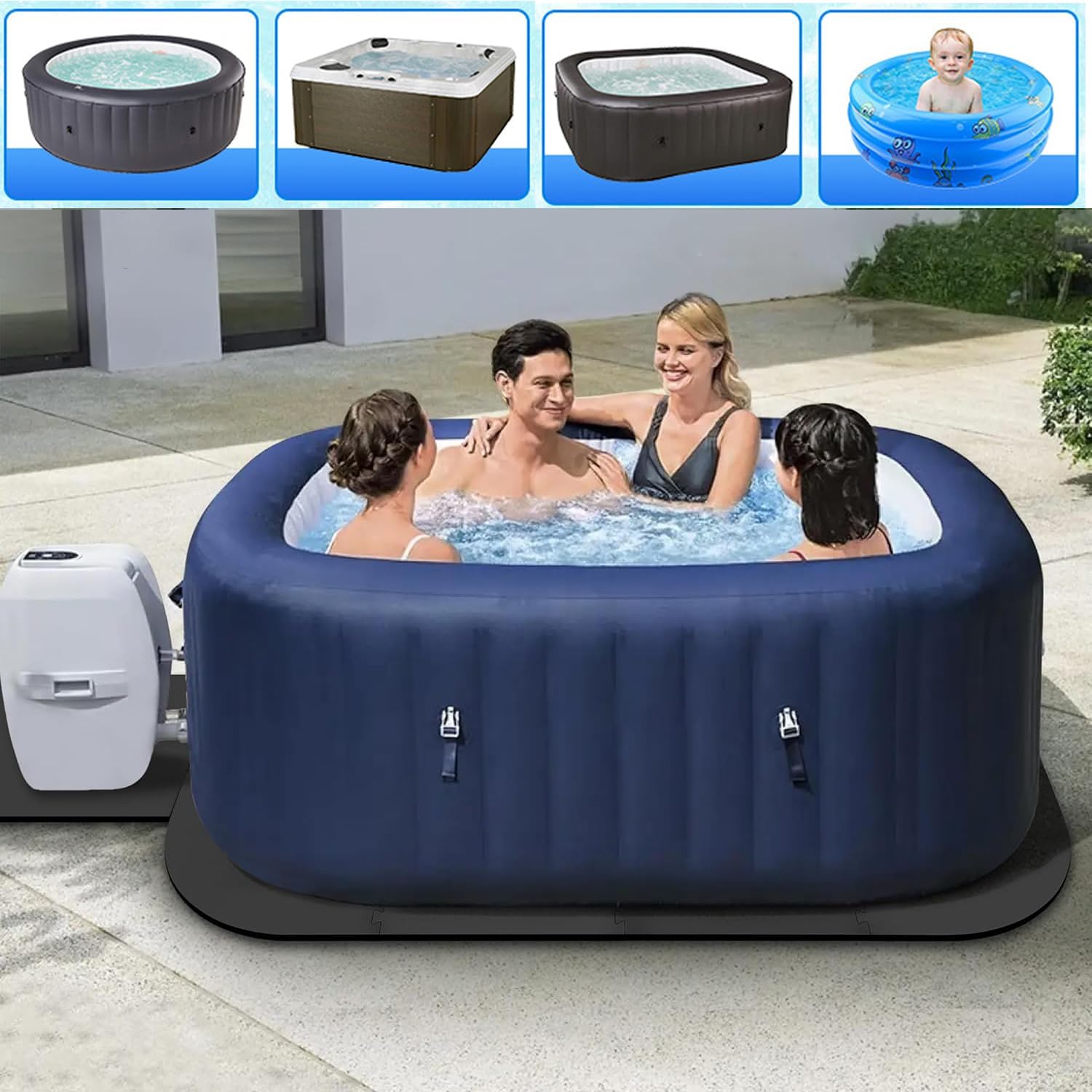 85 * 85 Inch Hot Tub Mat, 1/2" Thick Large Inflatable Hot Tub Pad Interlocking EVA Foam Padding Foundation Indoor Outdoor Ground Base Flooring Mats Protector Non Slip Pool Spa Floor Pads Black