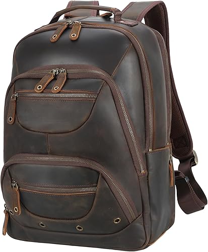 TIDING Mochila de cuero de grano completo para hombre para laptop de 16 pulgadas, mochila vintage casual de negocios de 19 L para viajes nocturnos