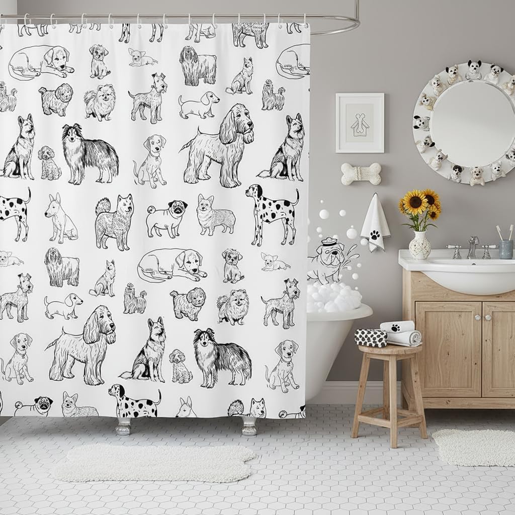 Homewish Cartoon Dog Shower Curtain Black White Dog Puppy Sketch Bathroom Curtains for Kids Girls Boys Adult Room Decor Cute Pet Animals Waterproof Bath Quick Dry Fabrics,12 Hooks,72" Wx78 L