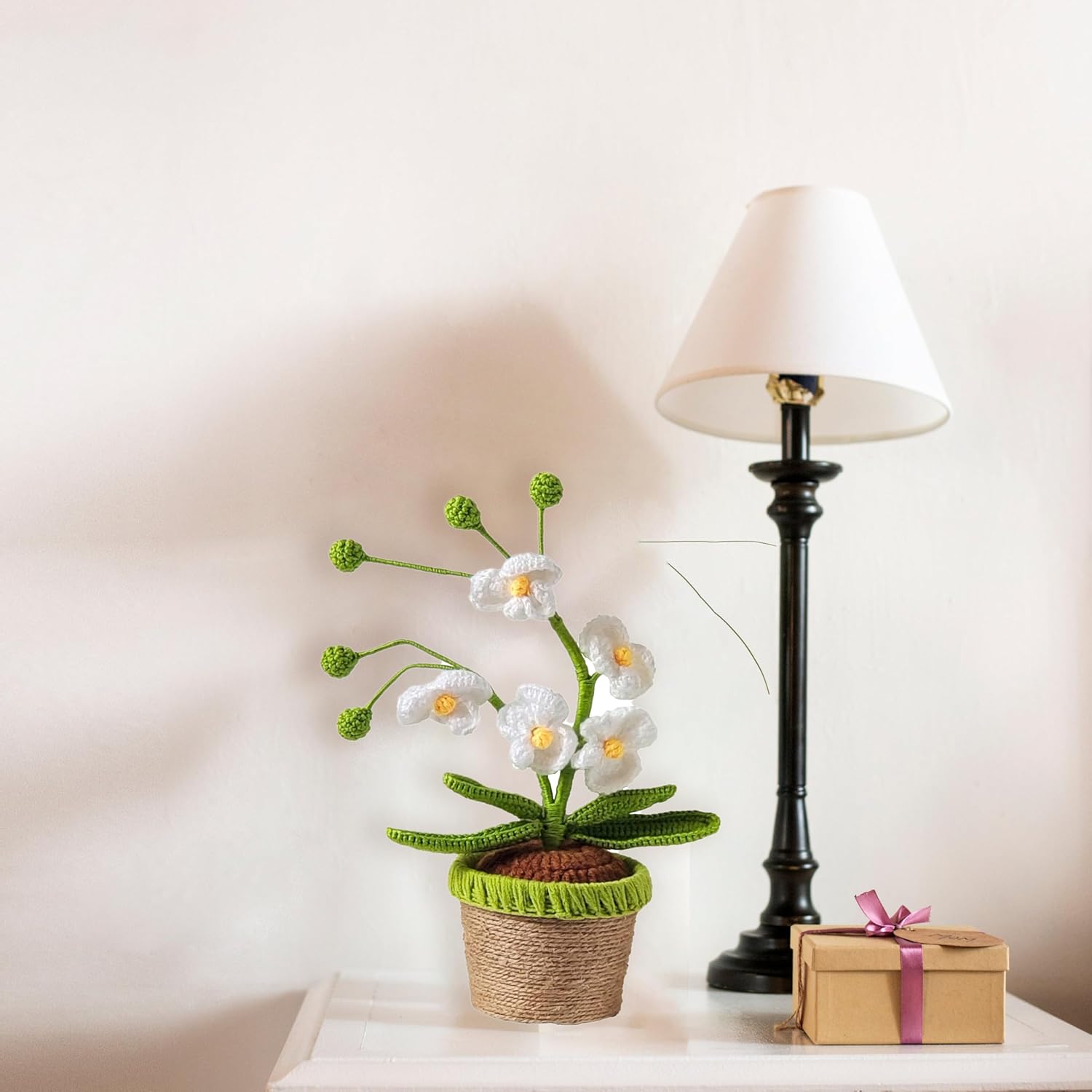 Handmade Crochet Orchid Potted Plants, Knitted Artificial Forever Flowers with Exquisite Pot, for Friends, Women, and Kids, Ideal for Home Decorations and Office Desks (White)