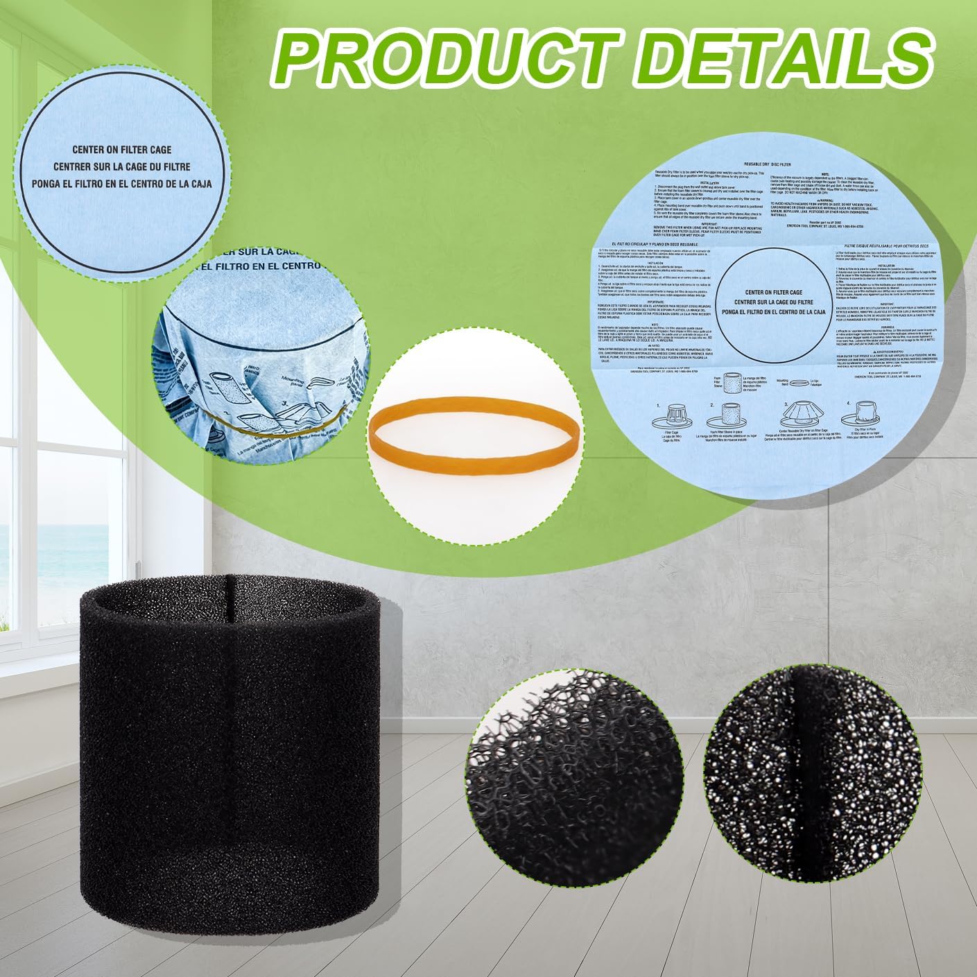 90585 Foam Sleeve Filter and 90107 Paper Disc Filter Compatible with Shop Vac 5 Gallon and Above Wet/Dry Vacuum, Part# 9010700, 9013700, 9058500 (3 Foam Filter+ 6 Disc Filter + 3 Retaining Band）