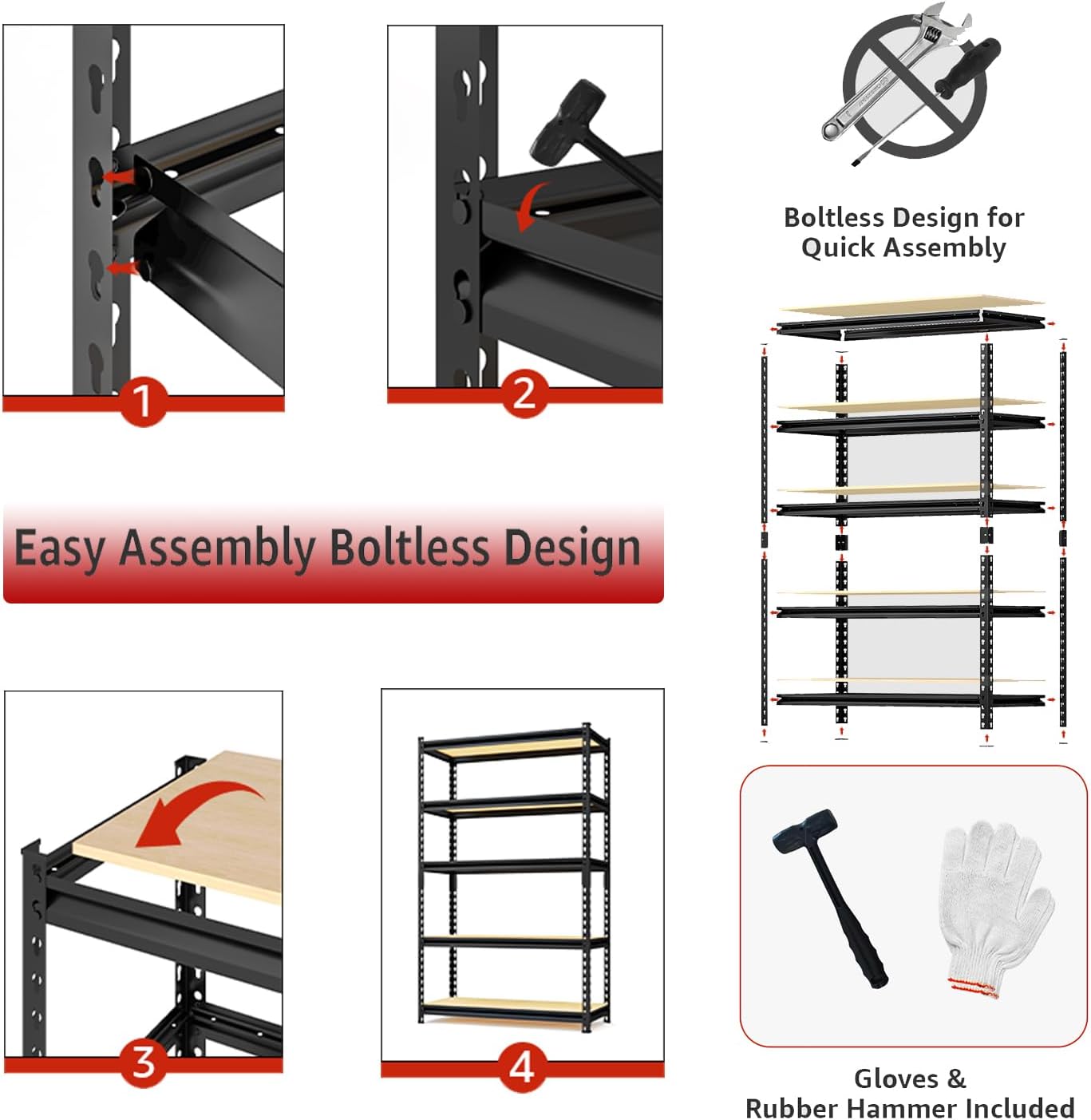 60" H x 28.03" W x 12" D Utility Shelves for Kitchen Pantry: 5-Shelf Storage-Rack Adjustable Metal+Wood Steel Stand Closet/Garage Shelving Unit Organizer System for Basement, Small (Black) - Image 9