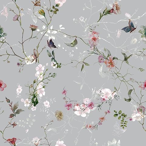 VEELIKE Papel Pintado Flores Gris Estaño Vintage Papel Pintado Estampado Flores Mariposas Acuarela Vinilos para Pared Hojas Gris Vinilo Decorativo para Muebles Dormitorio Pared Baño 44,5cmx300cm