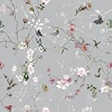 VEELIKE Grey Floral Peel and Stick Wallpaper Chinoiserie Butterfly Floral Wallpaper for Bedroom Nursery Bathroom 17.7''x118'' Removable Prepasted Floral Mural Contact Paper for Walls Cabinets Shelves