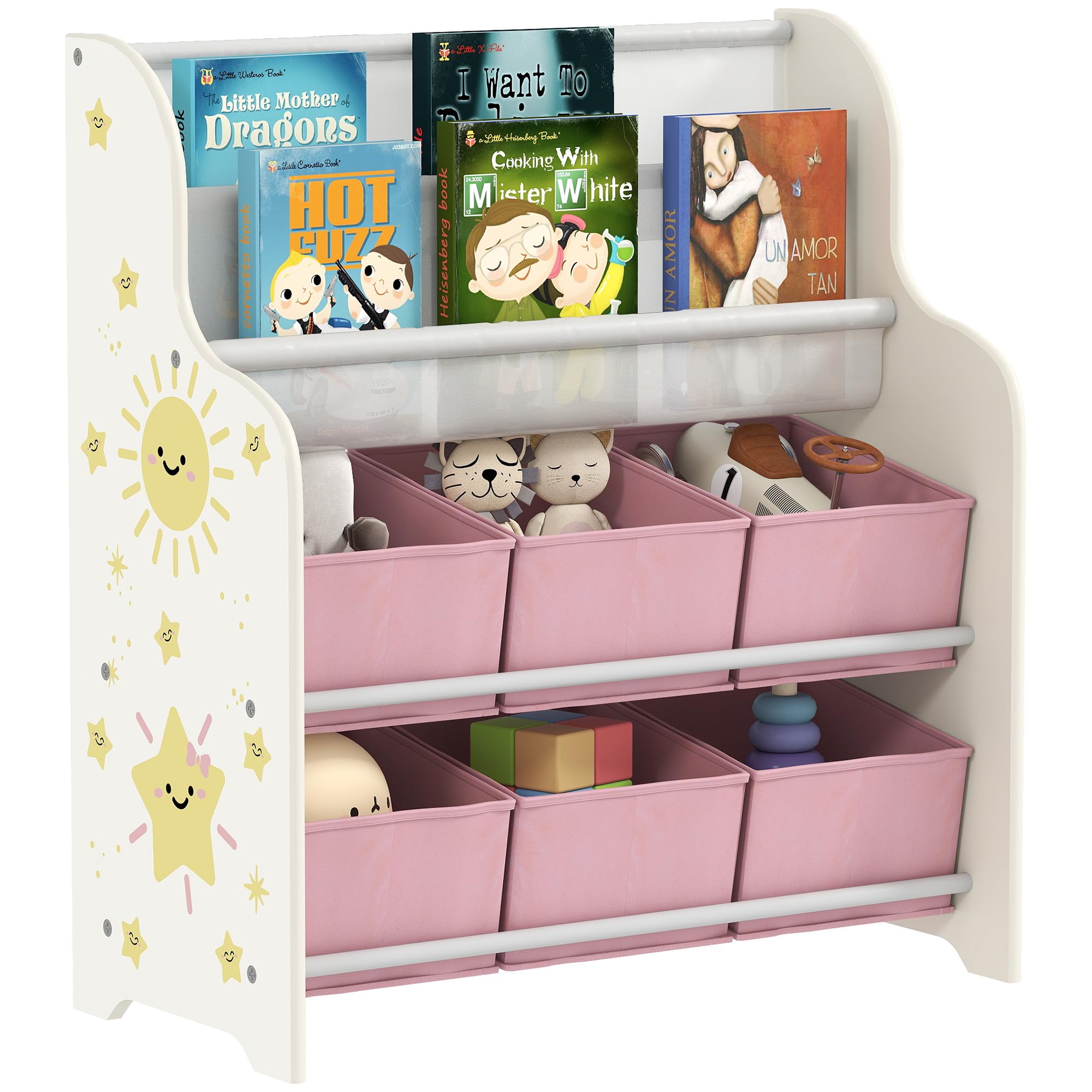 AIYAPLAY Kids Storage Unit, Toy Organiser with 6 Fabric Drawers and 2-Tier Sling Book Rack for Bedroom, Playroom, Nursery, Pink