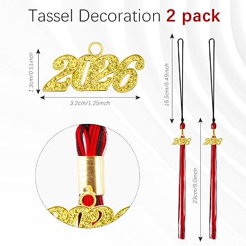 2pcs Tassels for Graduation Cap 2026, 2pcs 2026 Grad Tassel for Graduation Cap 2026, White Black and Red Tassel Gradu Decorations with Gold Tassels Charm, High School Gift for Her (Black/Red/White)