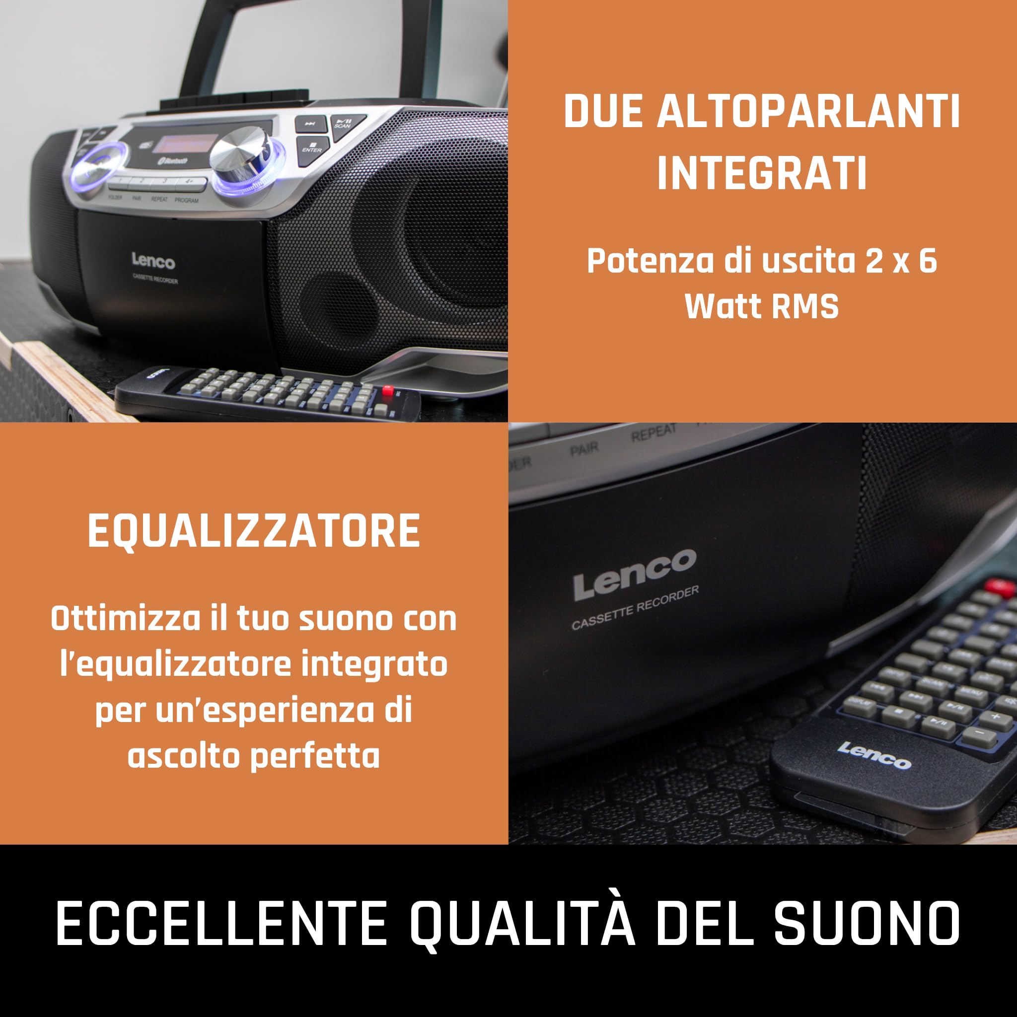 Lenco SCD-720 – Boombox DAB+ – Bluetooth 5.0 – lettore CD/MP3 – ponte cassette – radio FM – porta USB – 2 x 6 Watt RMS – Bass Reflex – telecomando – argento