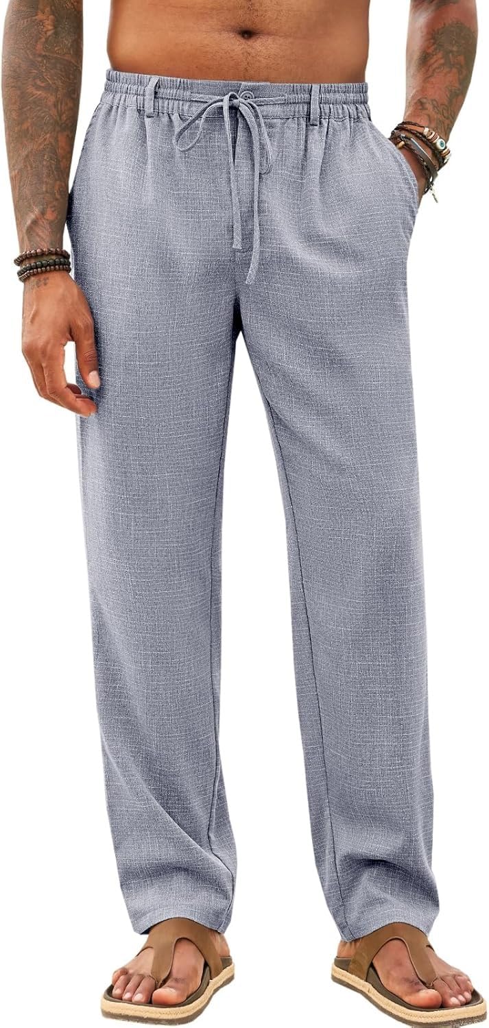 Runcati Herren Hose Lang Bügelleicht Freizeithose Männer Leicht Sommerhose Strand Yogahose mit Taschen Elastischer Bund